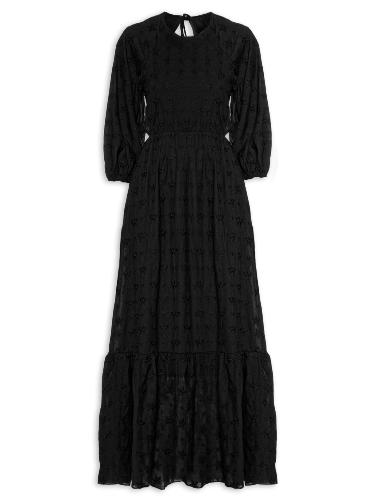 Vestido Midi Algodão Bordado Mix Estrela - Preto