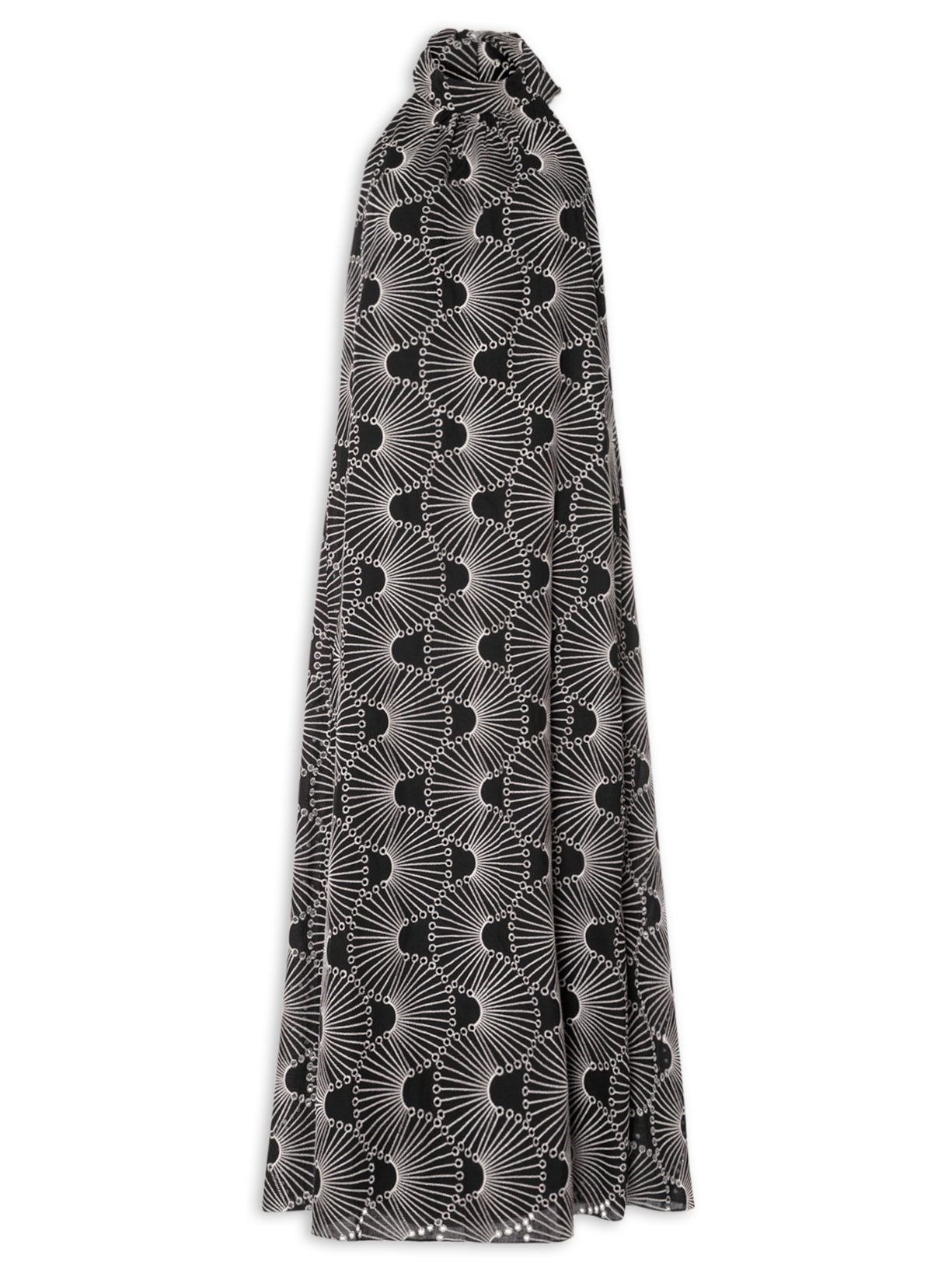 Vestido Midi Algodão Bordado Ondas - Preto