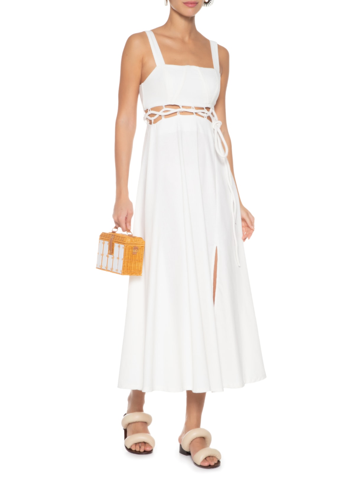 Vestido Midi Amarração Fenda Off White Farm