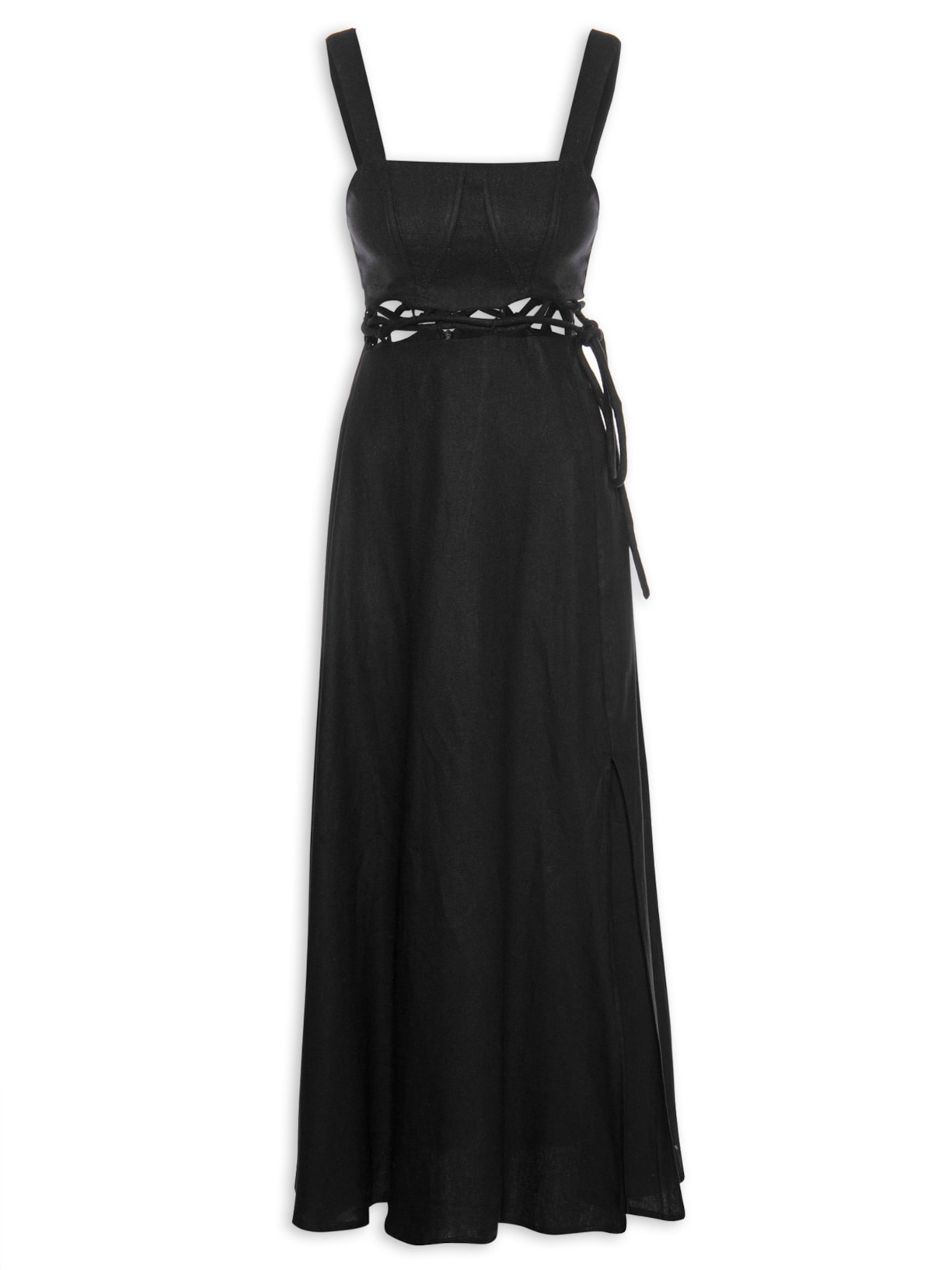 Vestido Midi Amarração Fenda - Preto
