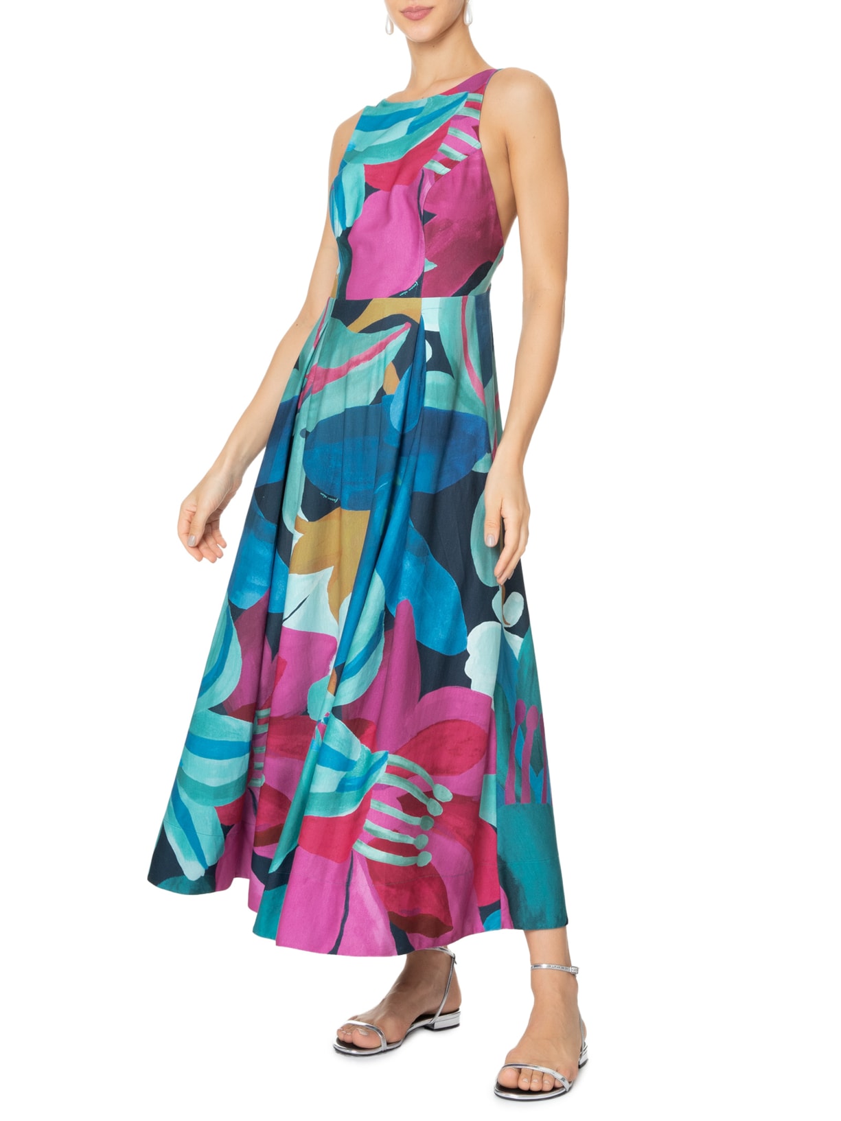 Vestido Midi Aquarela Floral Azul Farm