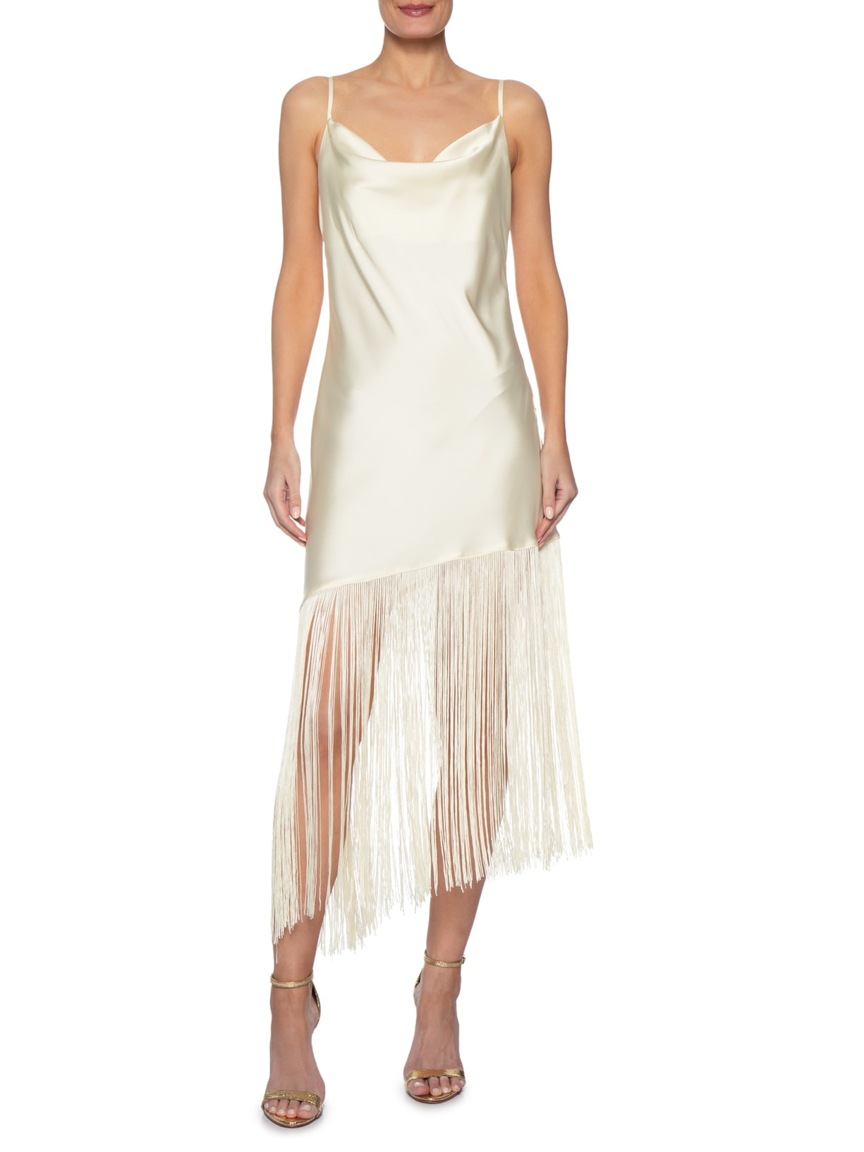 Vestido Midi Assimétrico Acetinado Com  Franjas Off White Market 33