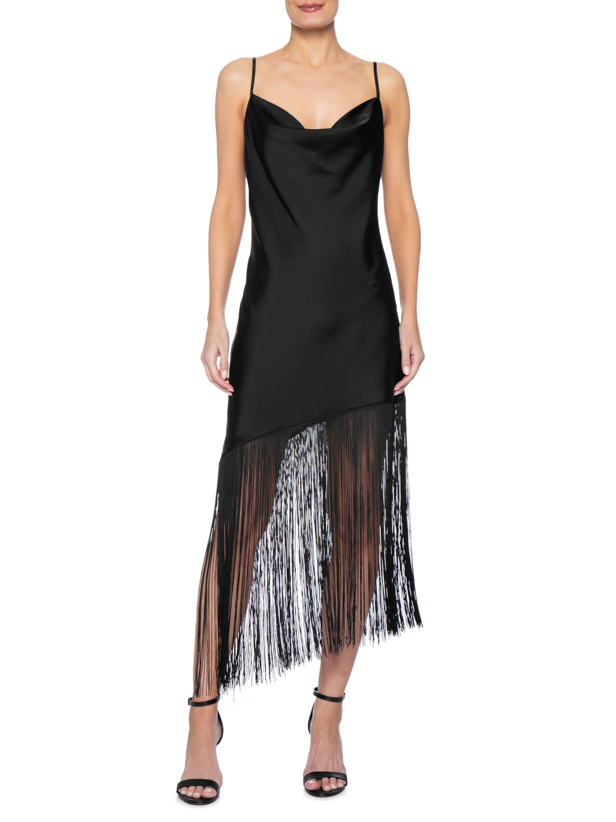Vestido Midi Assimétrico Acetinado Com  Franjas Preto Market 33