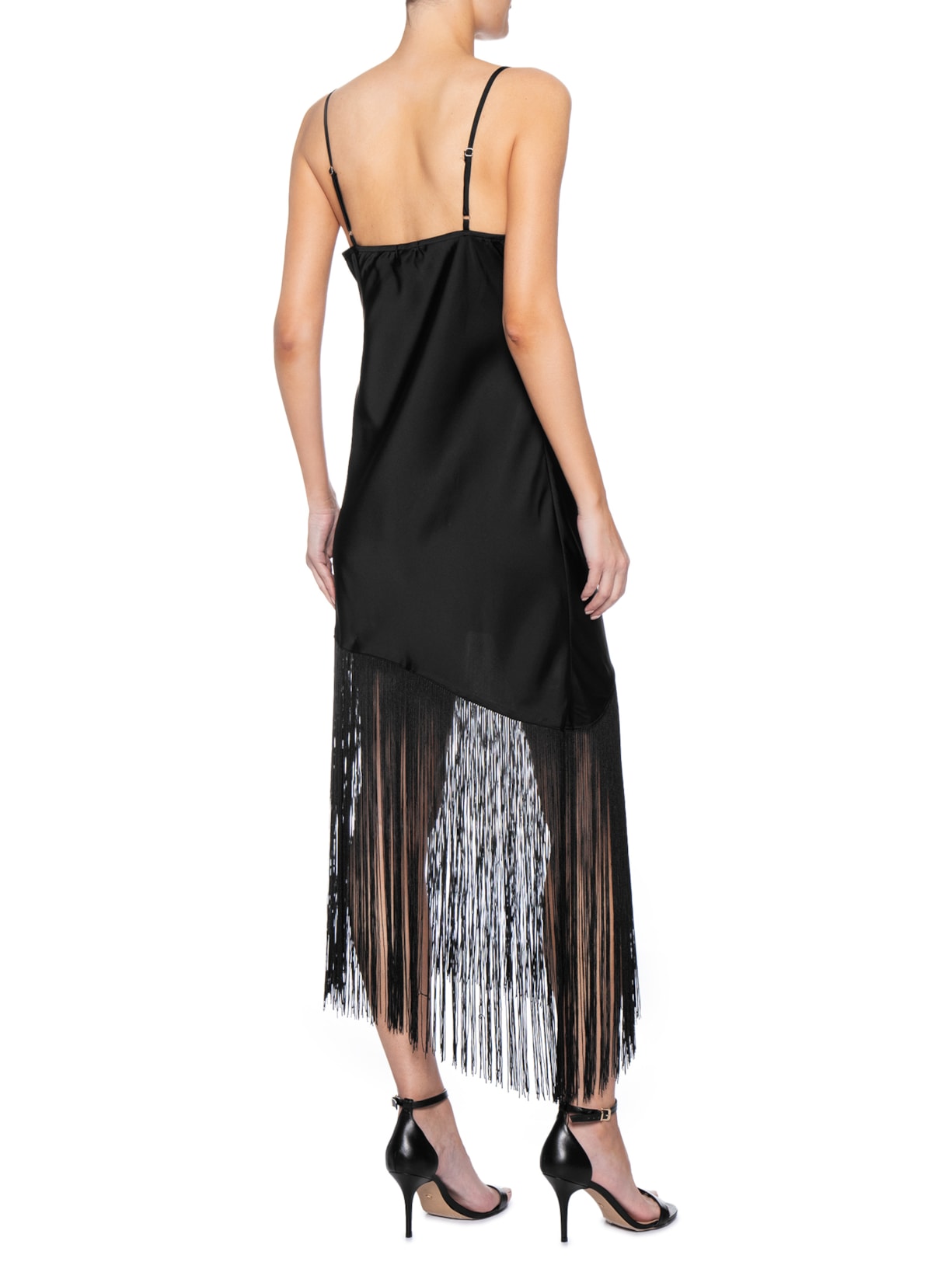 Vestido Midi Assimétrico Acetinado Com  Franjas Preto Market 33