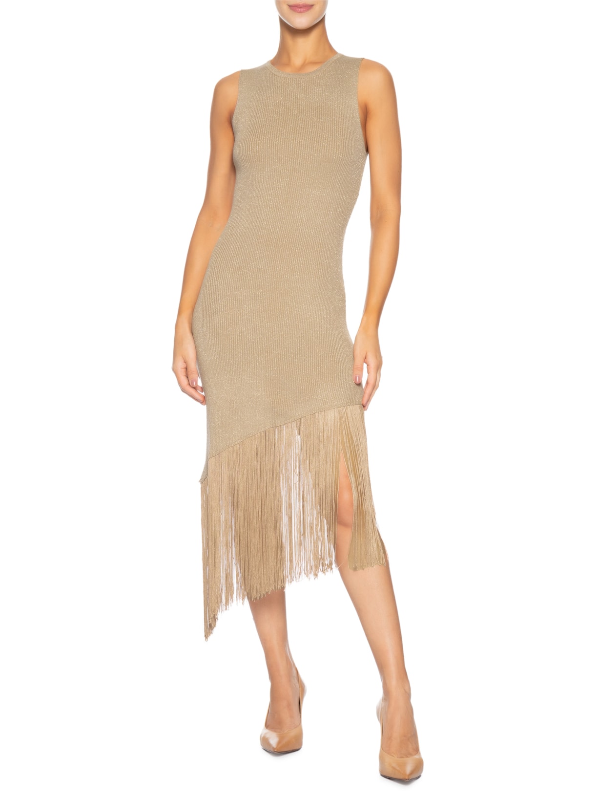 Vestido Midi Assimétrico Em Tricot Com Franjas Marrom Market 33