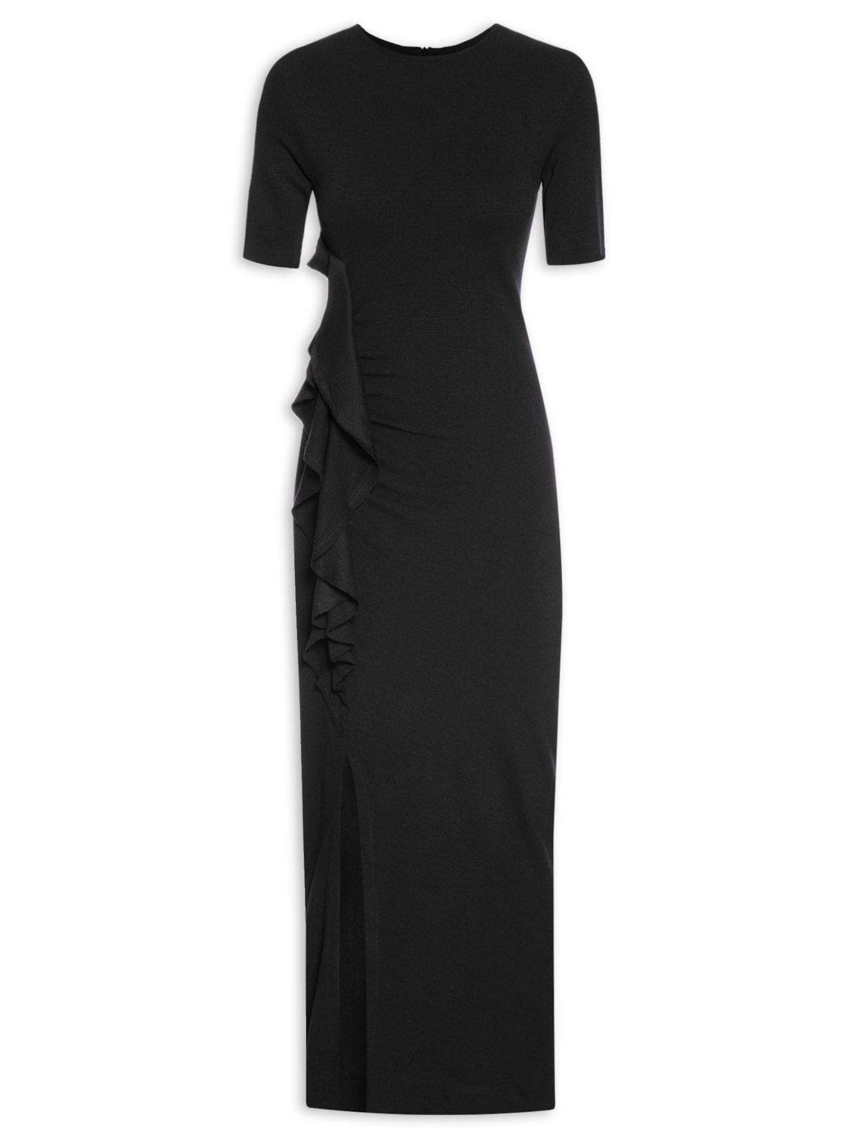 Vestido Midi Babado Com Fenda - Preto