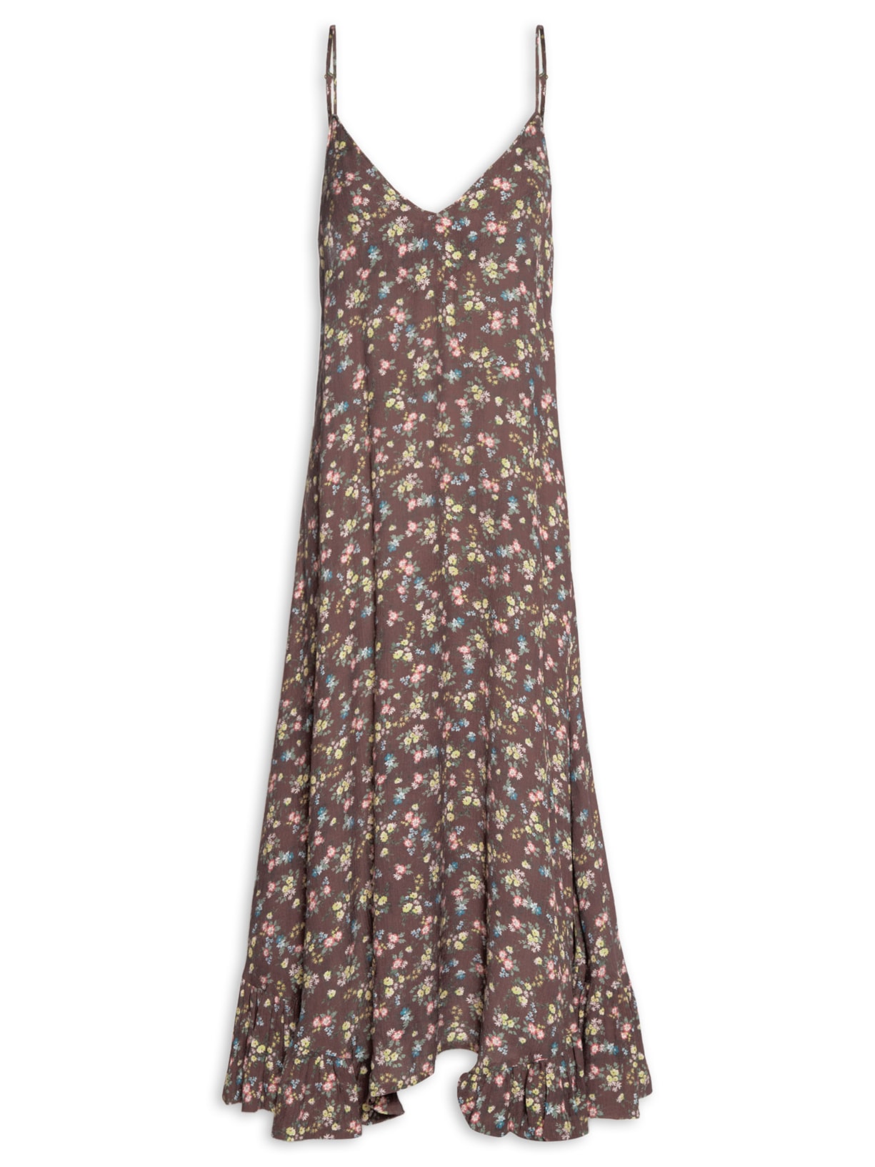 Vestido Midi Babado Estampa Blumi - Marrom