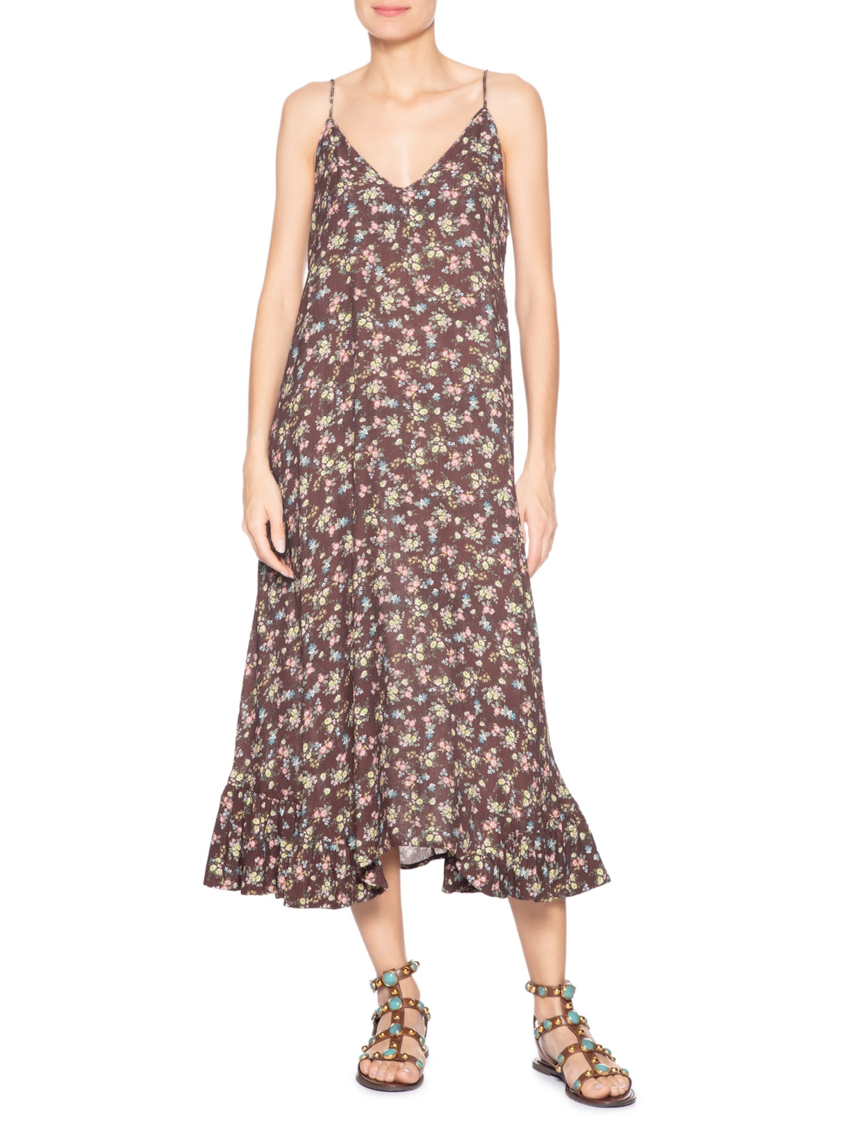 Vestido Midi Babado Estampa Blumi Marrom Maria Filó