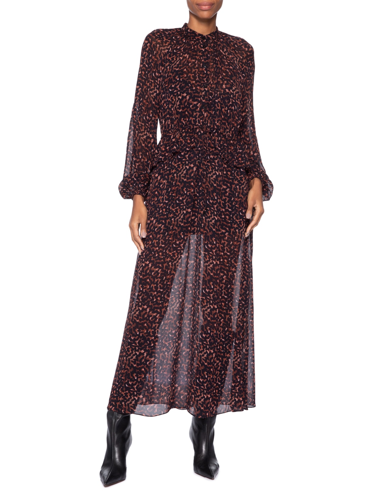 Vestido Midi Babado Textura Bean Marrom Animale