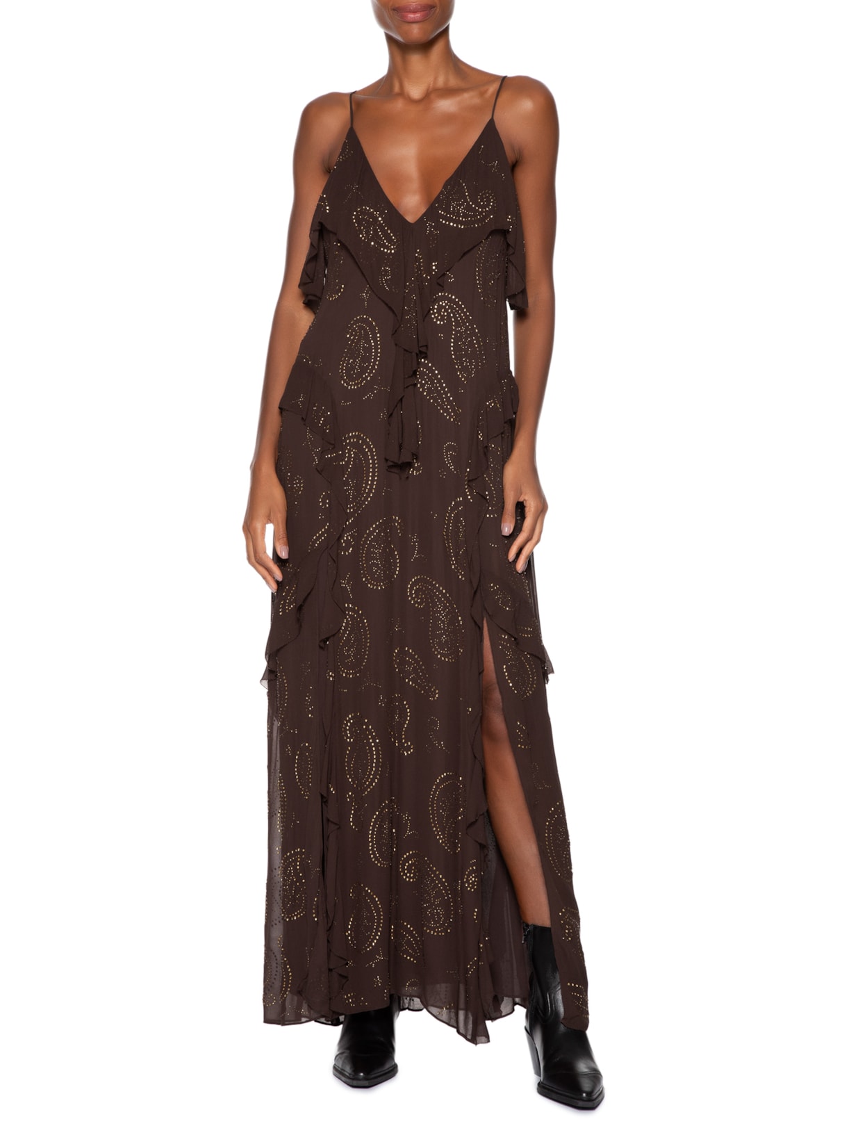 Vestido Midi Babados Hoftix Marrom Animale