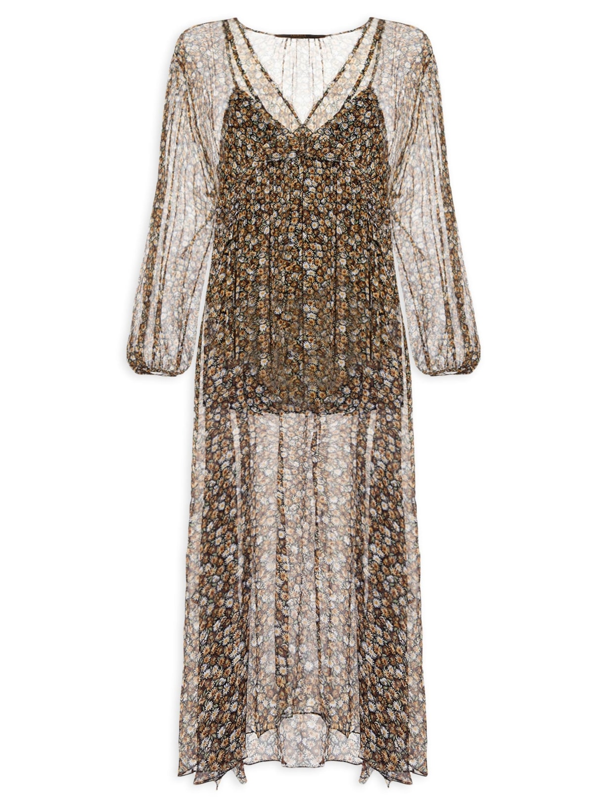 Vestido Midi Babados Liberty Seeds Marrom Animale