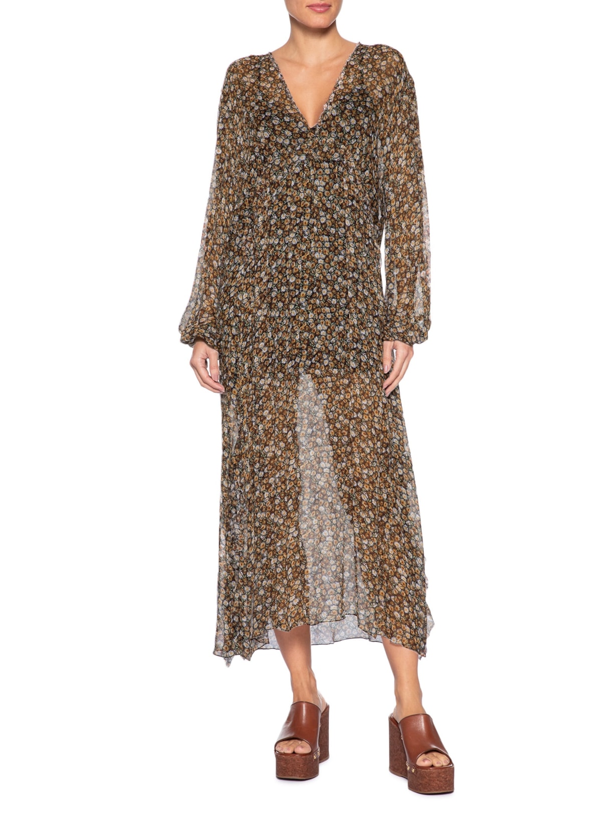 Vestido Midi Babados Liberty Seeds Marrom Animale