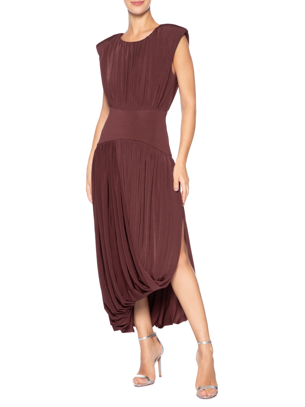 Vestido Midi Balonê Com Drapeado Marrom '2Essential