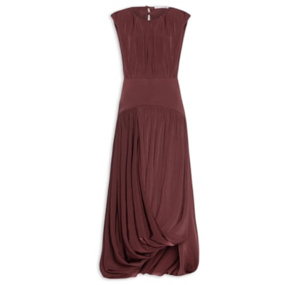 Vestido Midi Balonê Com Drapeado - Marrom