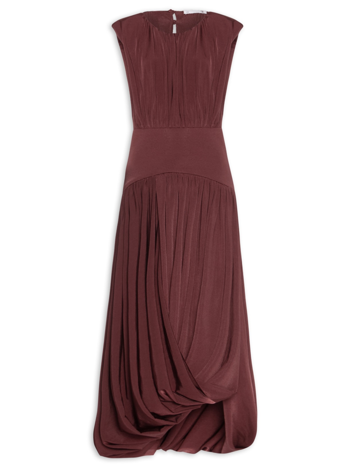 Vestido Midi Balonê Com Drapeado - Marrom