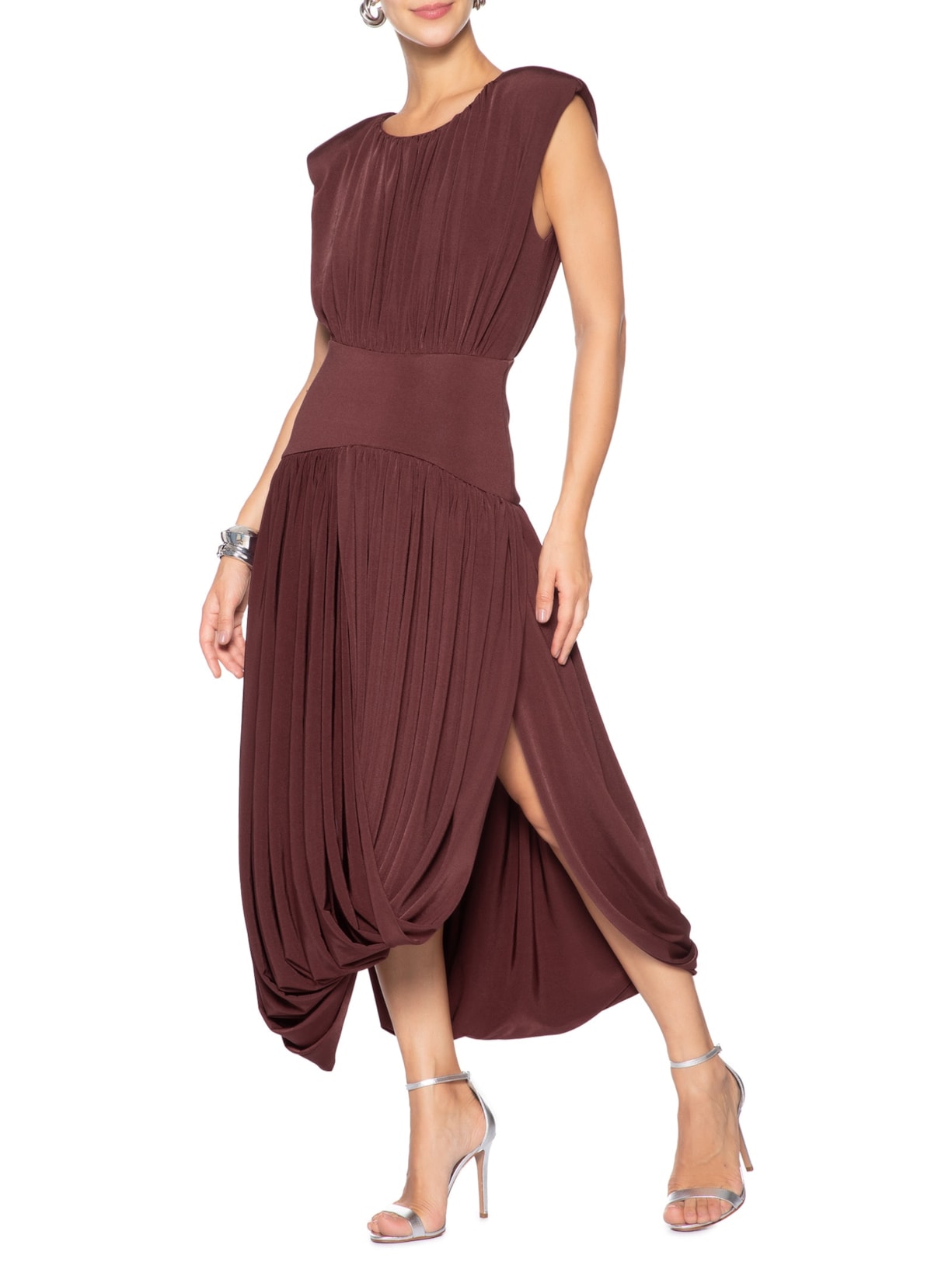 Vestido Midi Balonê Com Drapeado Marrom '2Essential