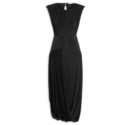 Vestido Midi Balonê Com Drapeados - Preto