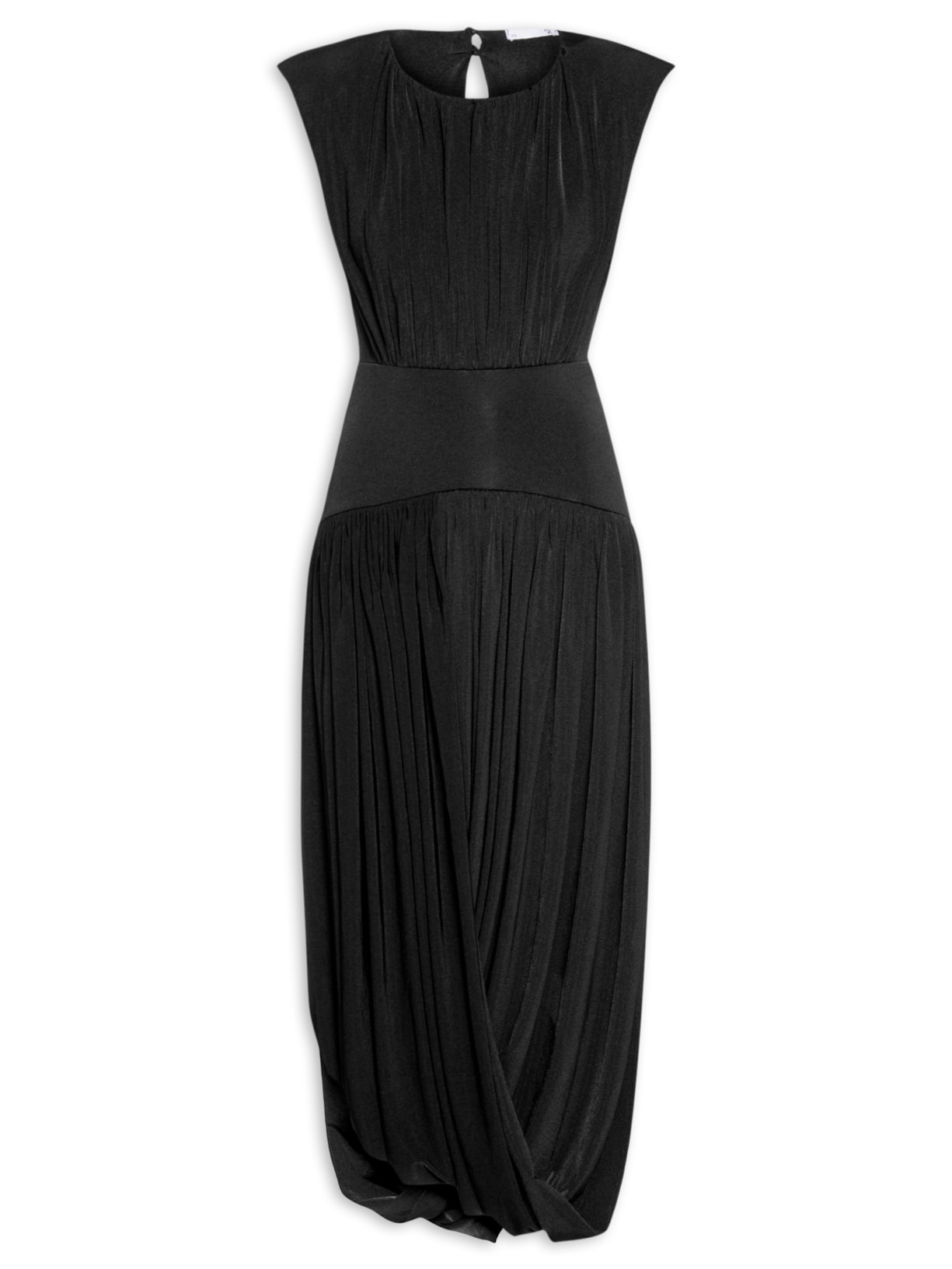 Vestido Midi Balonê Com Drapeados - Preto