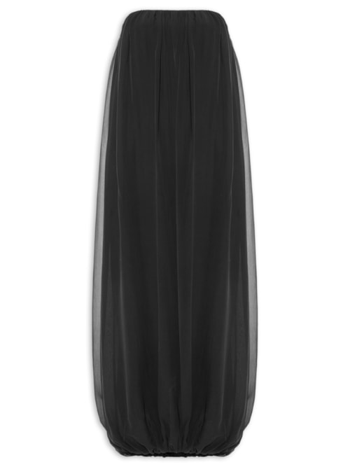 Vestido Midi Balonê Com Franzidos Seda - Preto