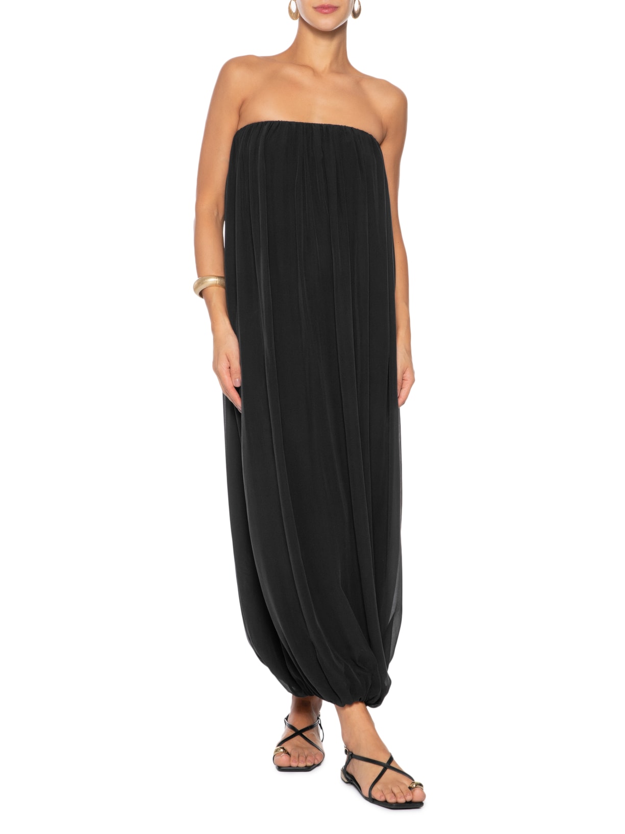 Vestido Midi Balonê Com Franzidos Seda Preto '2Essential