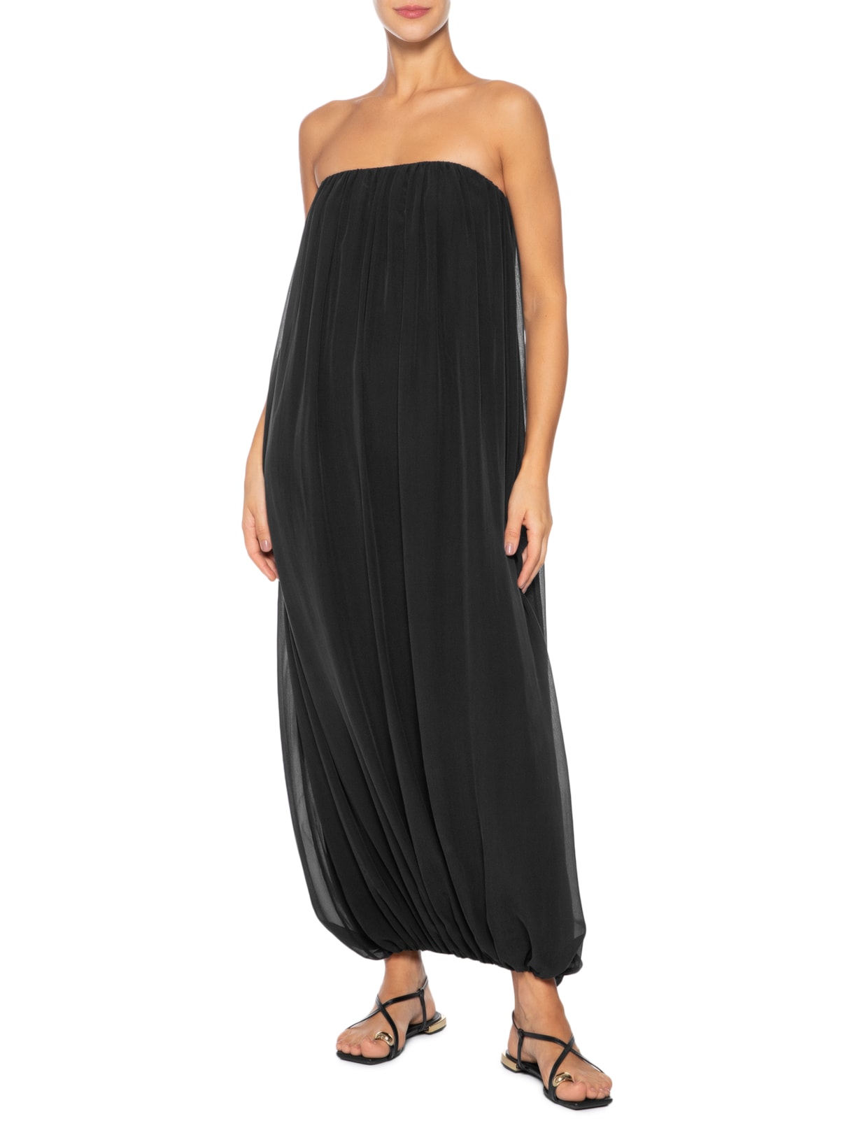 Vestido Midi Balonê Com Franzidos Seda Preto '2Essential