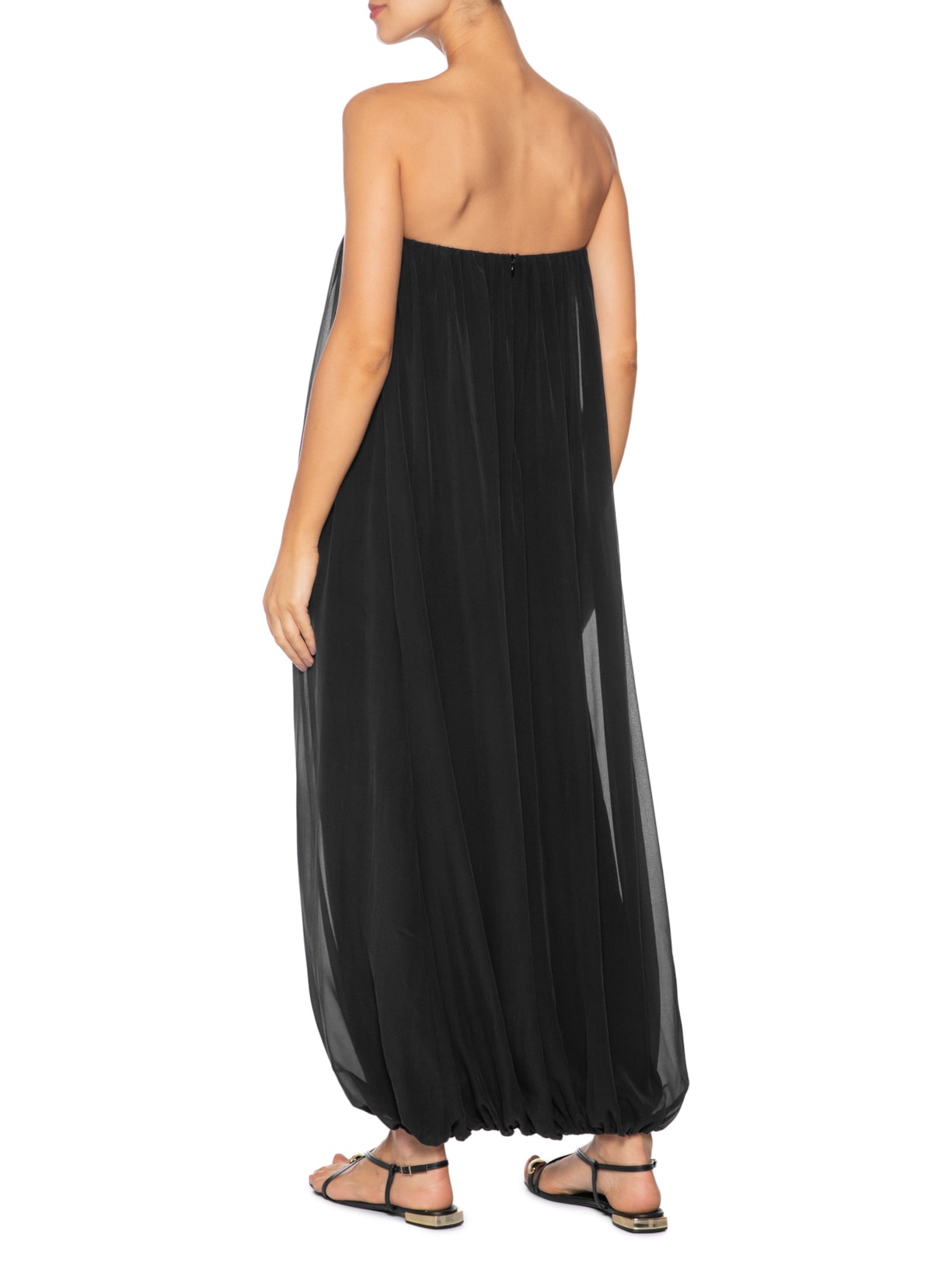 Vestido Midi Balonê Com Franzidos Seda Preto '2Essential