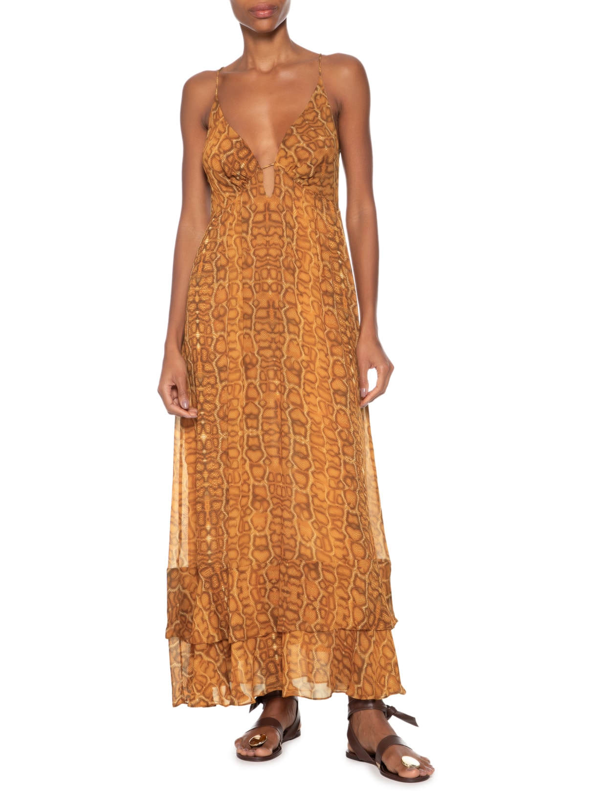 Vestido Midi Barra Babados Cobra Lajedo Marrom Animale