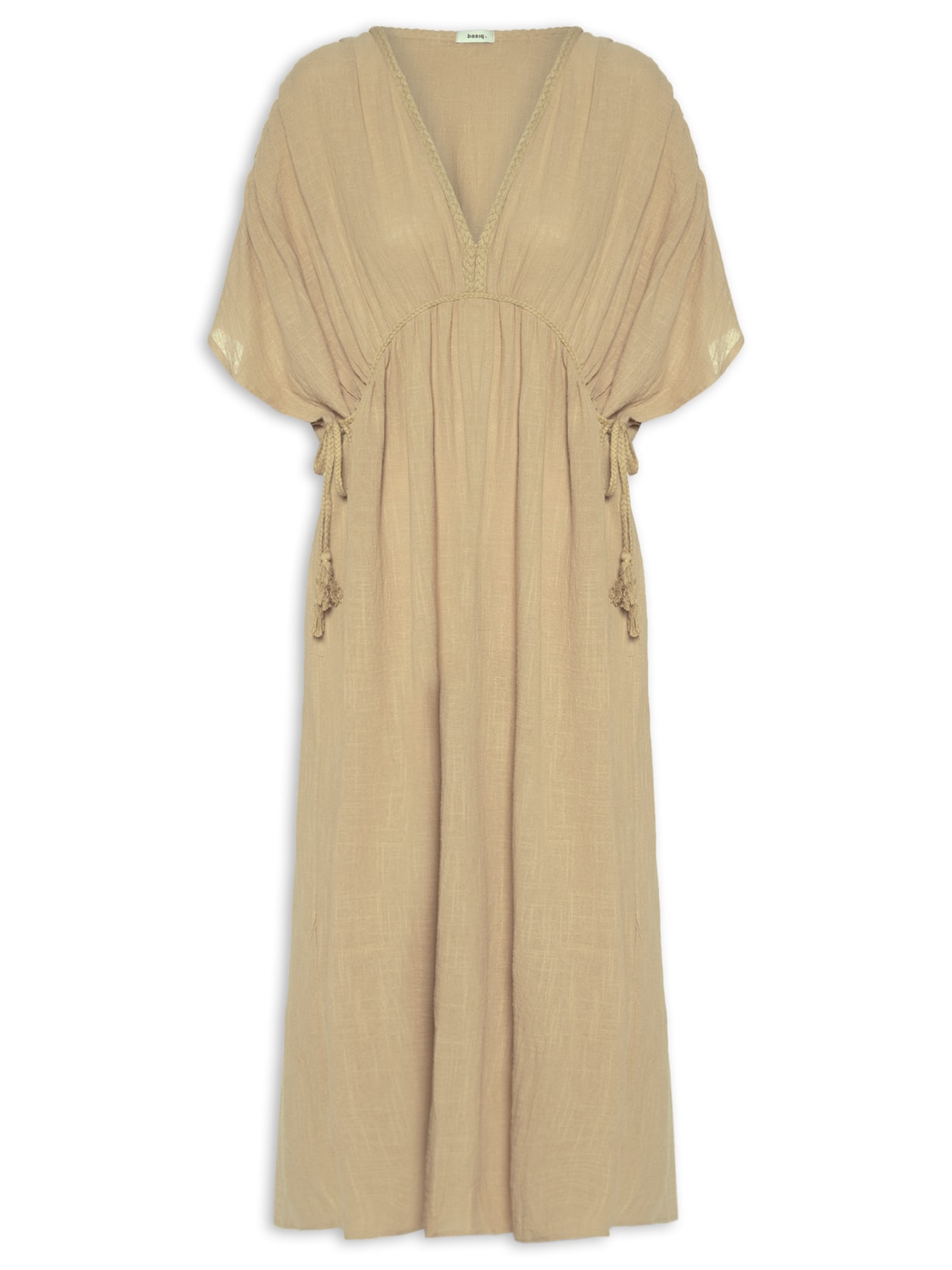 Vestido Midi Bata Com Linho Bege Basiq