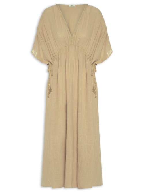 Vestido Midi Bata Com Linho - Bege