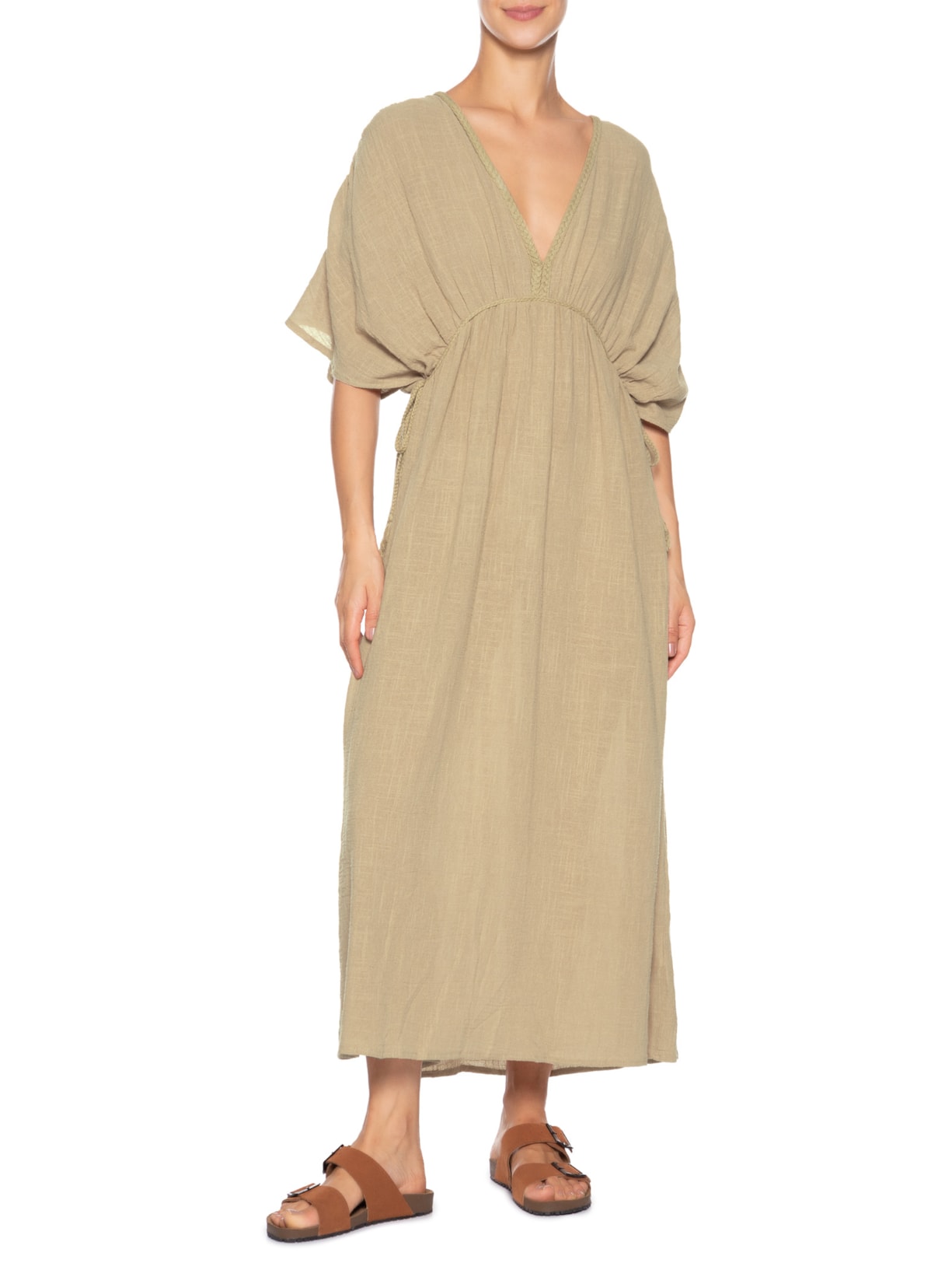 Vestido Midi Bata Com Linho Bege Basiq