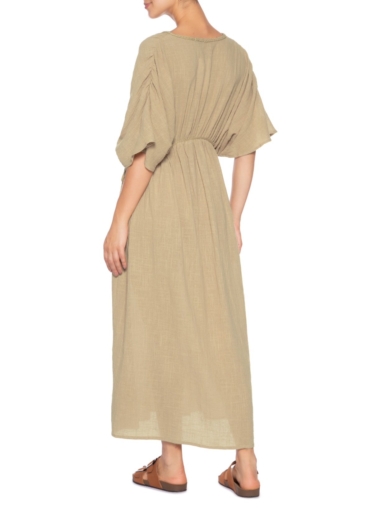 Vestido Midi Bata Com Linho Bege Basiq