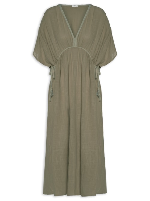Vestido Midi Bata Com Linho - Verde