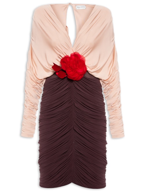 Vestido Midi Bicolor Manga Longa - Marrom