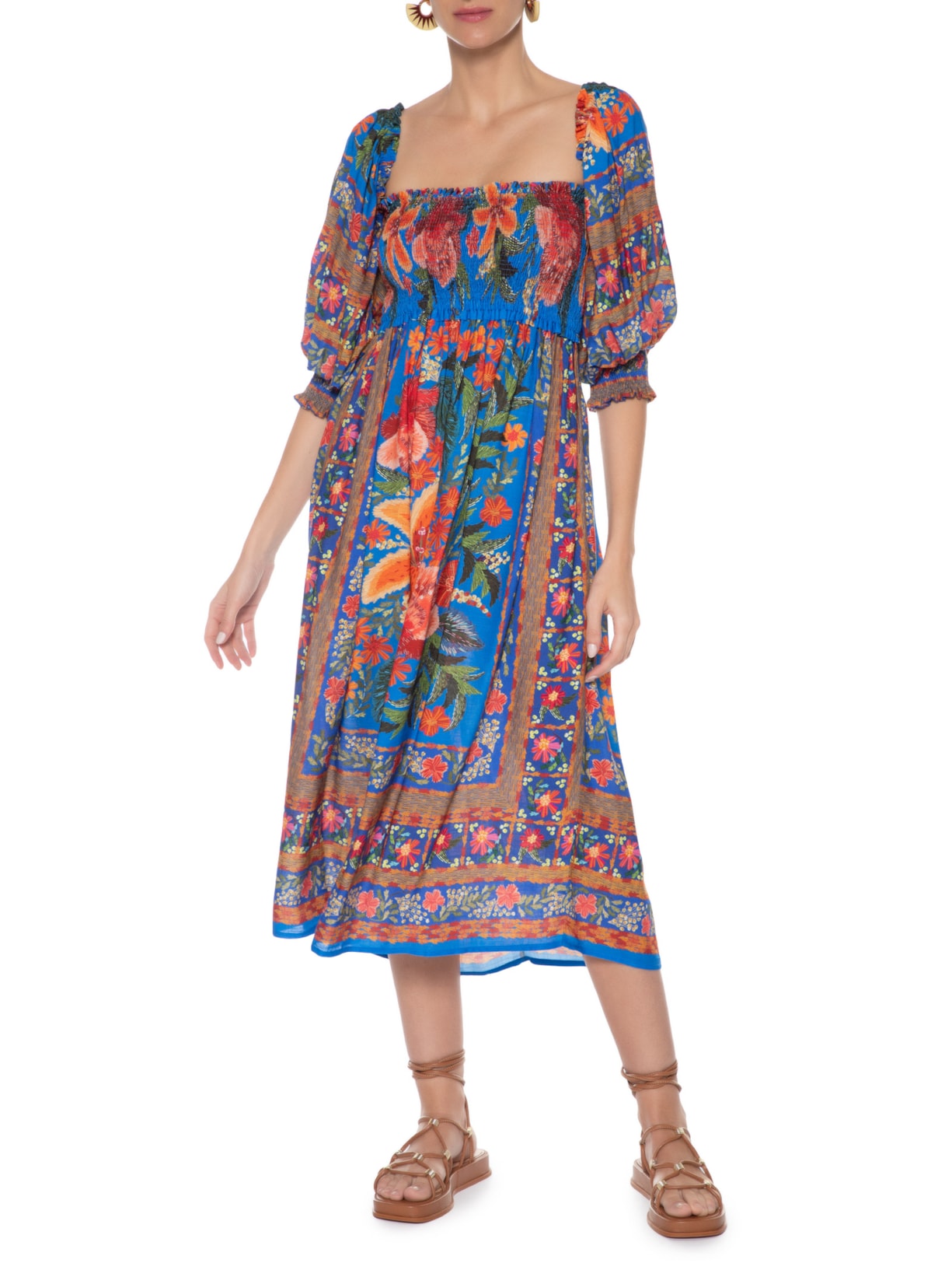 Vestido Midi Bordadeira Azul Farm