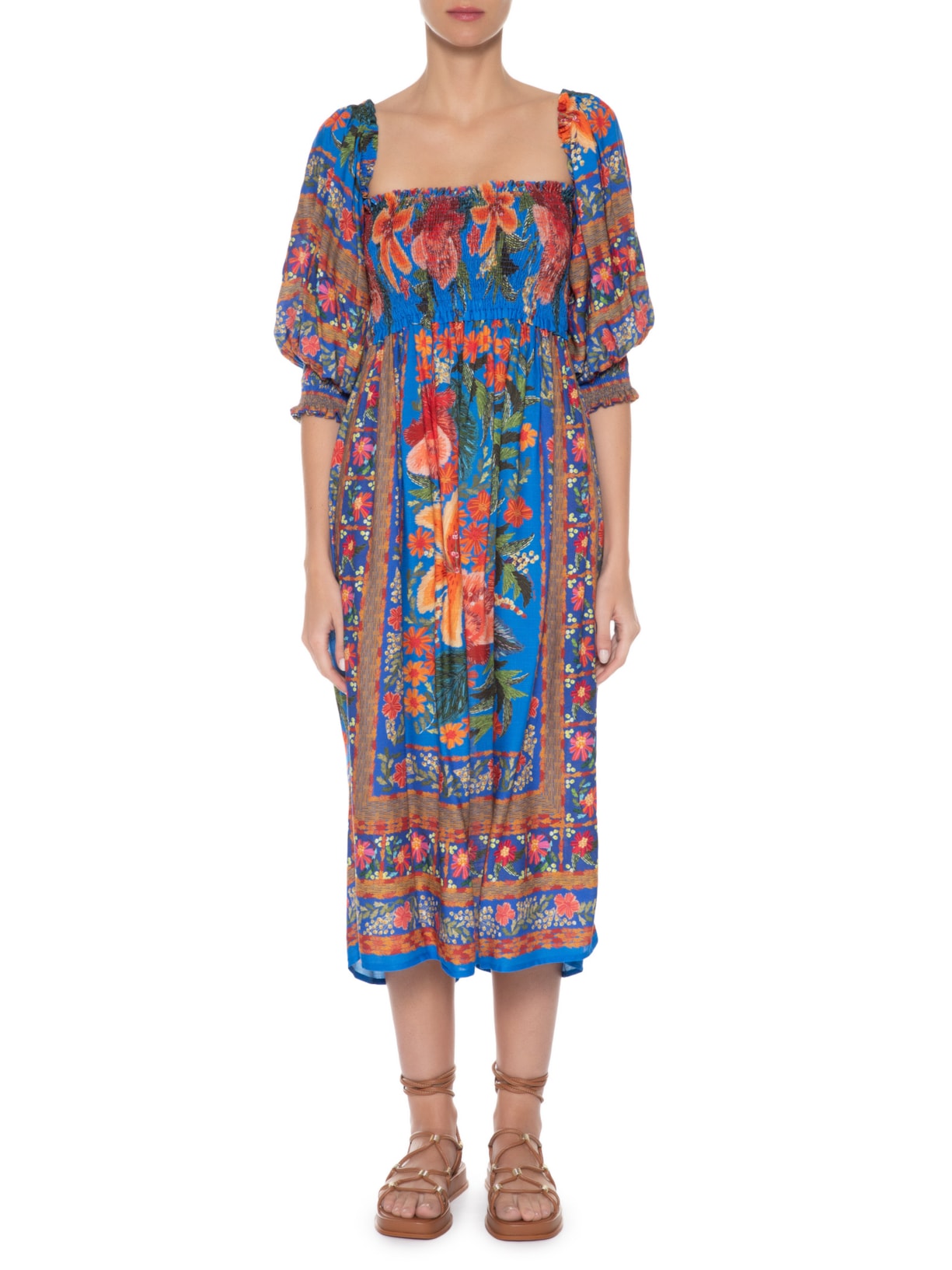 Vestido Midi Bordadeira Azul Farm