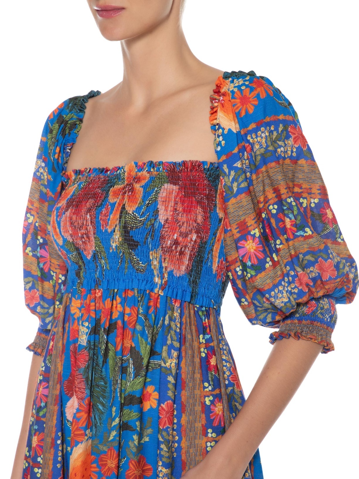 Vestido Midi Bordadeira Azul Farm