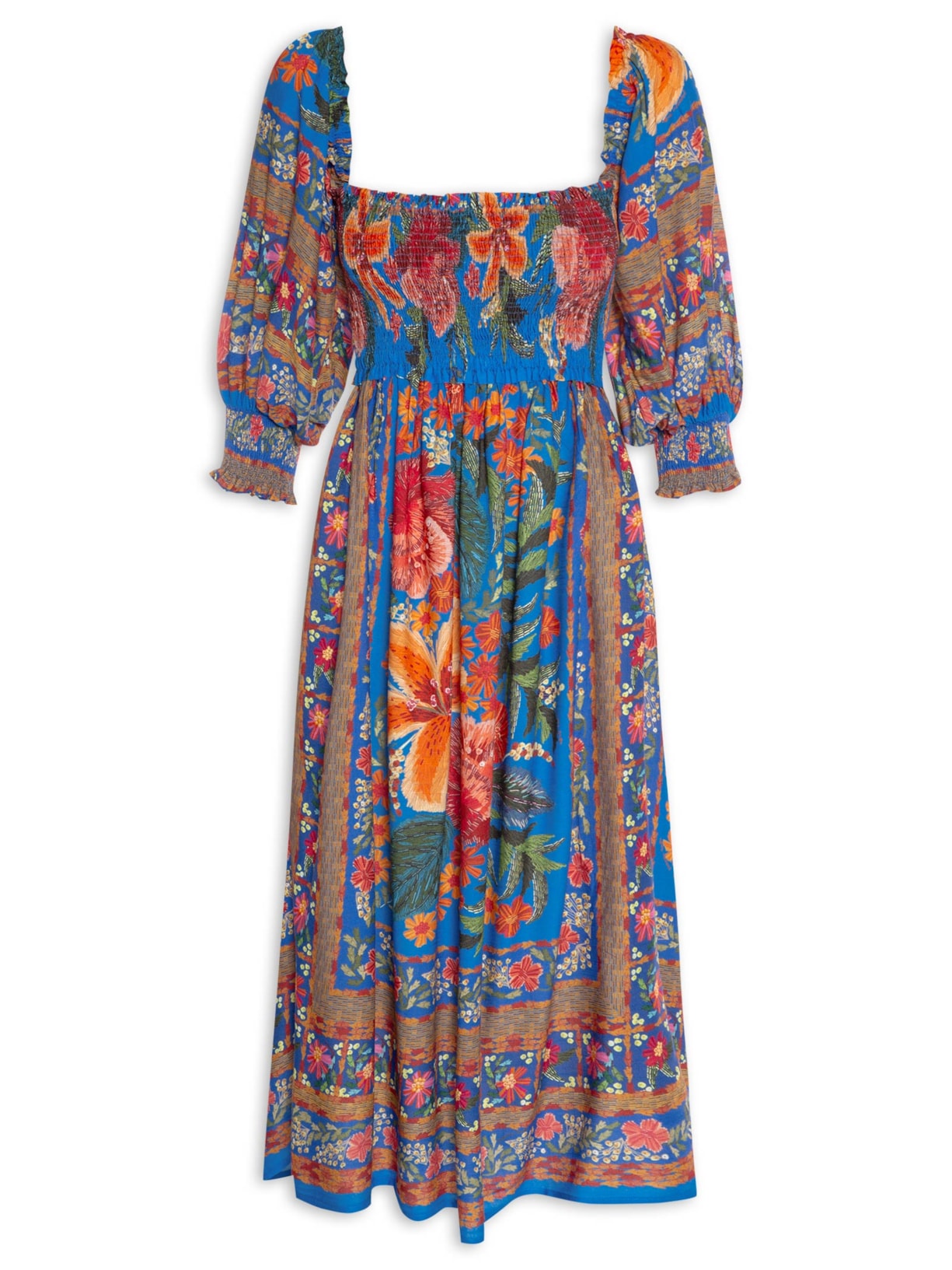 Vestido Midi Bordadeira Azul Farm