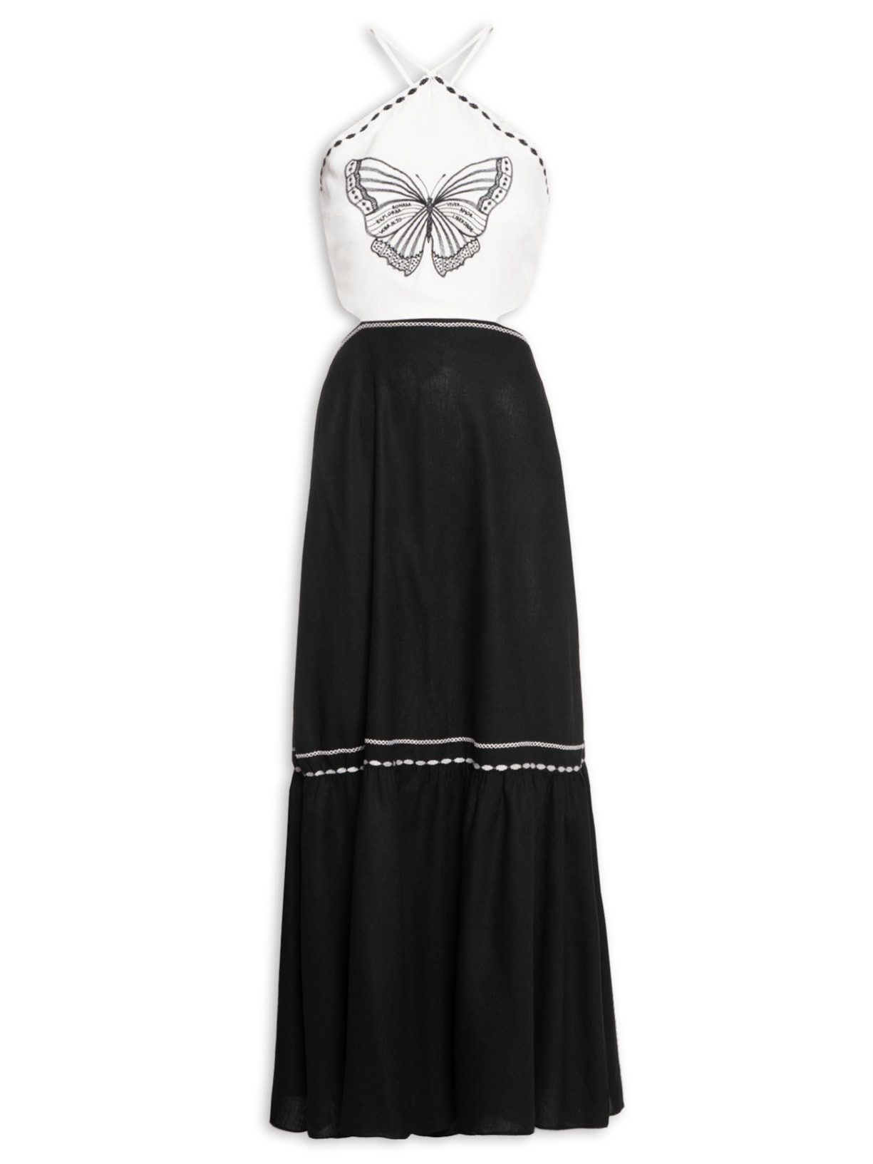 Vestido Midi Bordado Borboleta - Preto