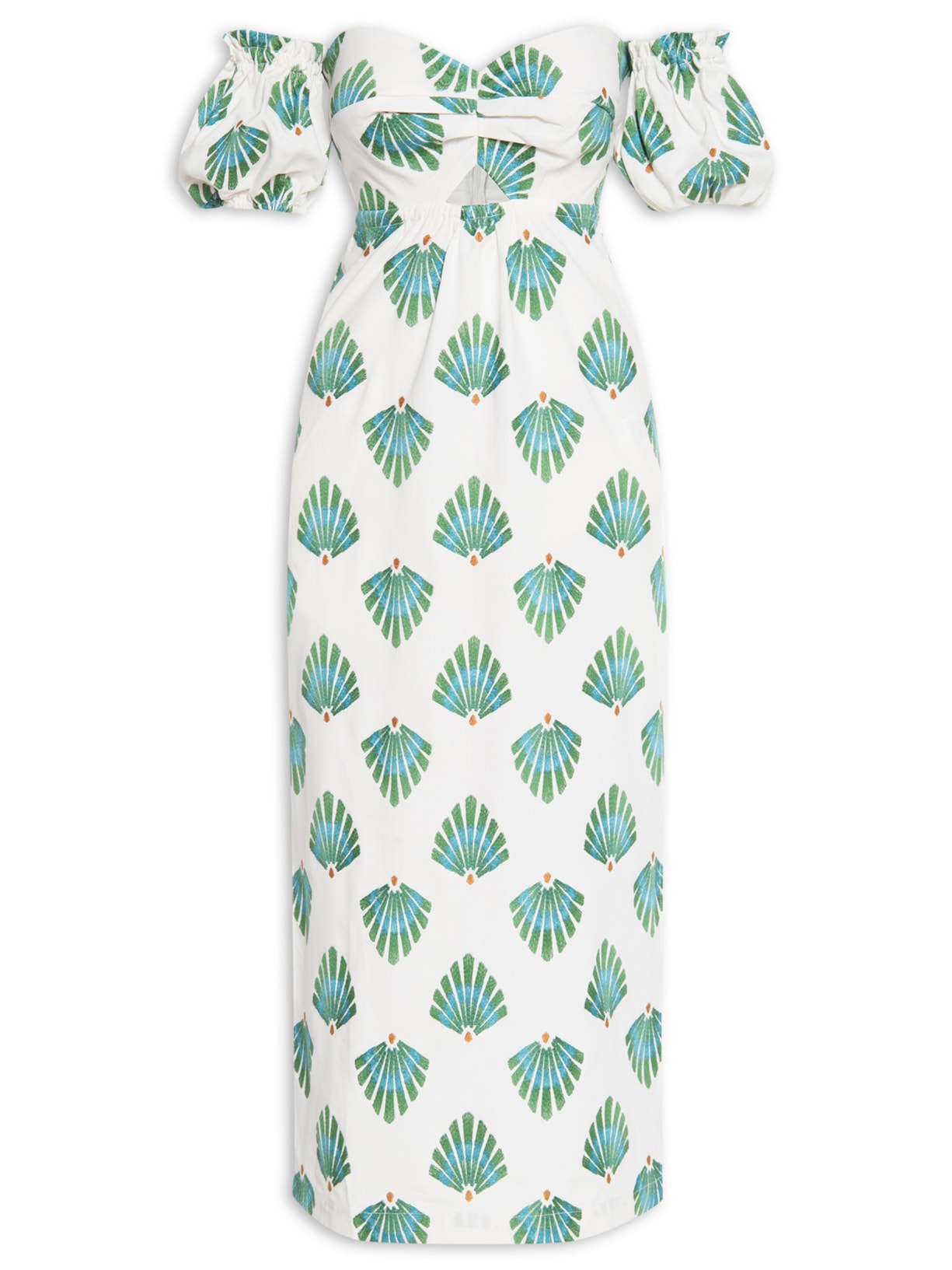 Vestido Midi Bordado Conchas - Off White