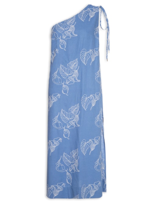 Vestido Midi Bordado Copo De Leite - Azul
