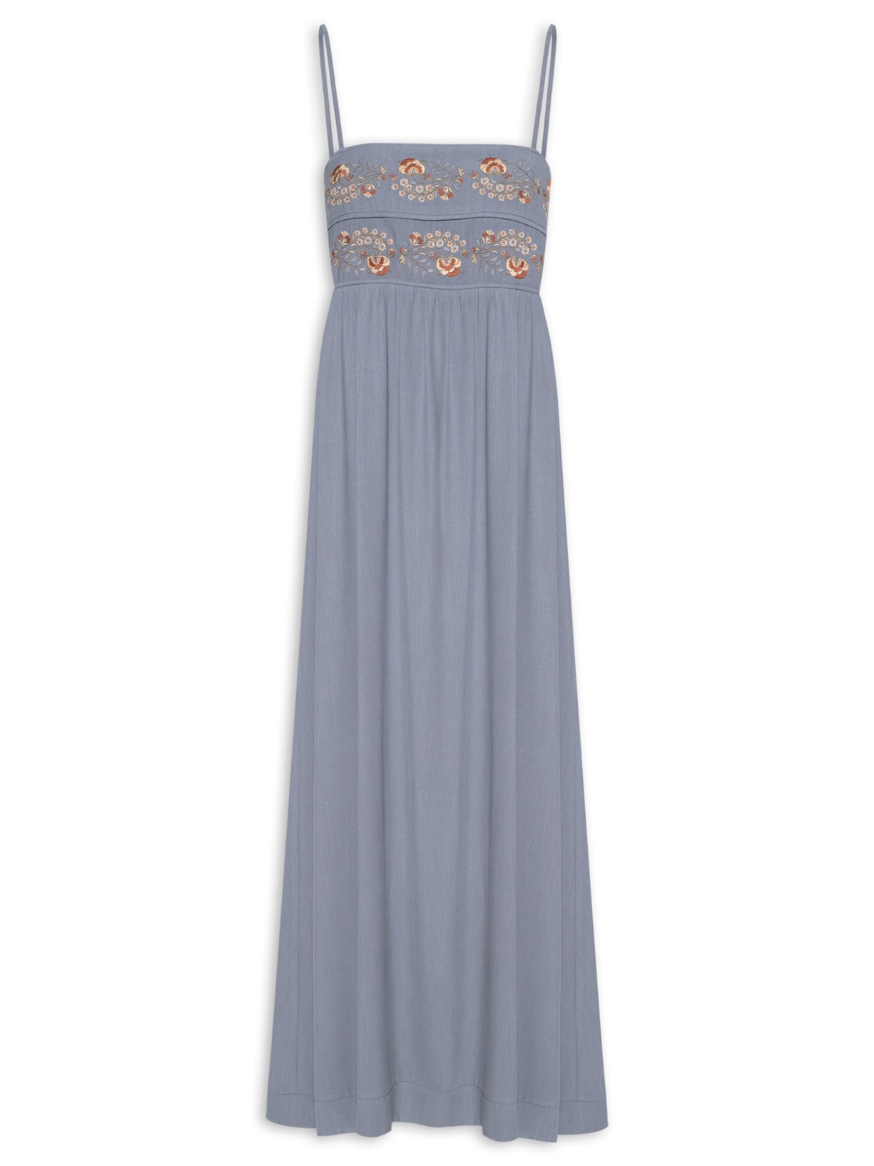 Vestido Midi Bordado Flor Retrô - Azul