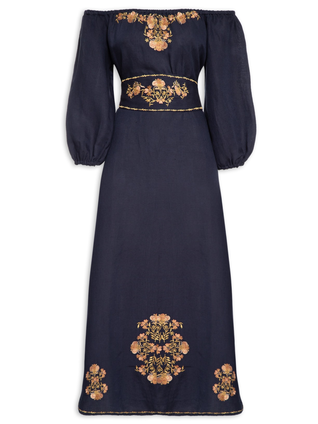 Vestido Midi Bordado Floral Ouro Maria Filó Azul1