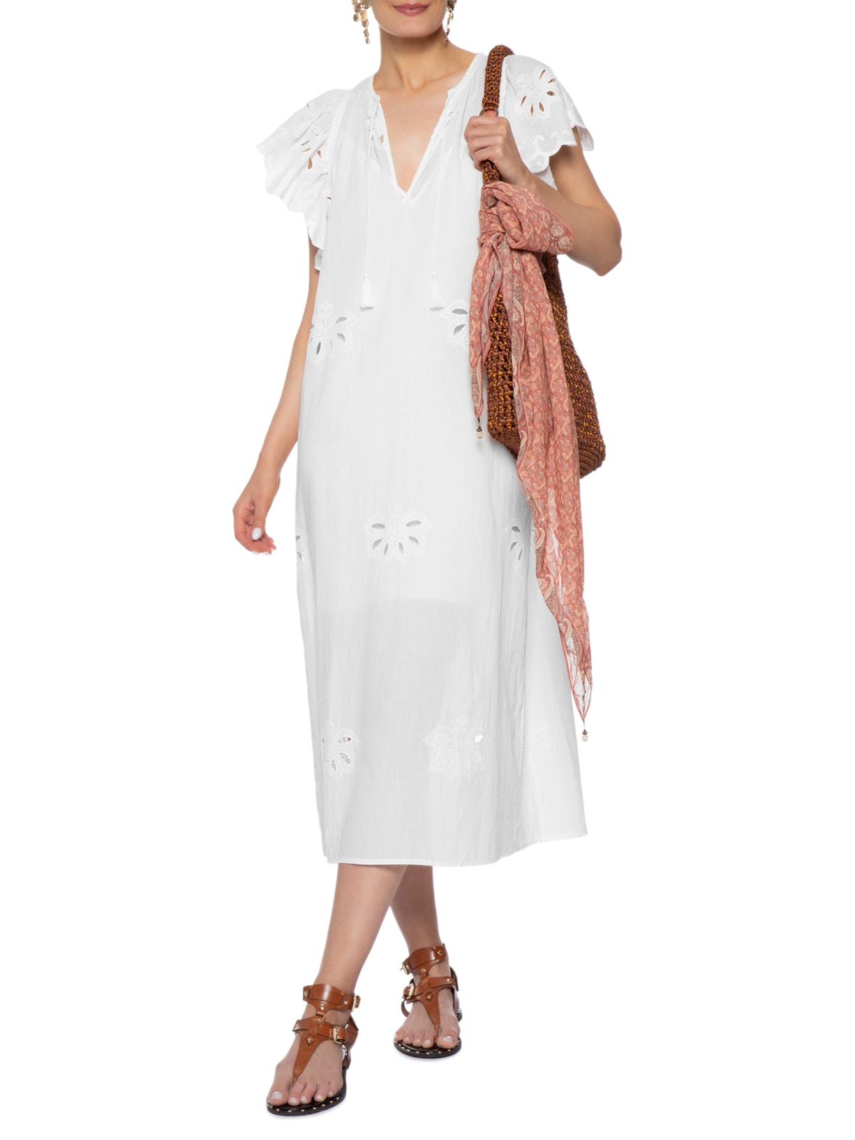 Vestido Midi Bordado Lotus Branco Maria Filó