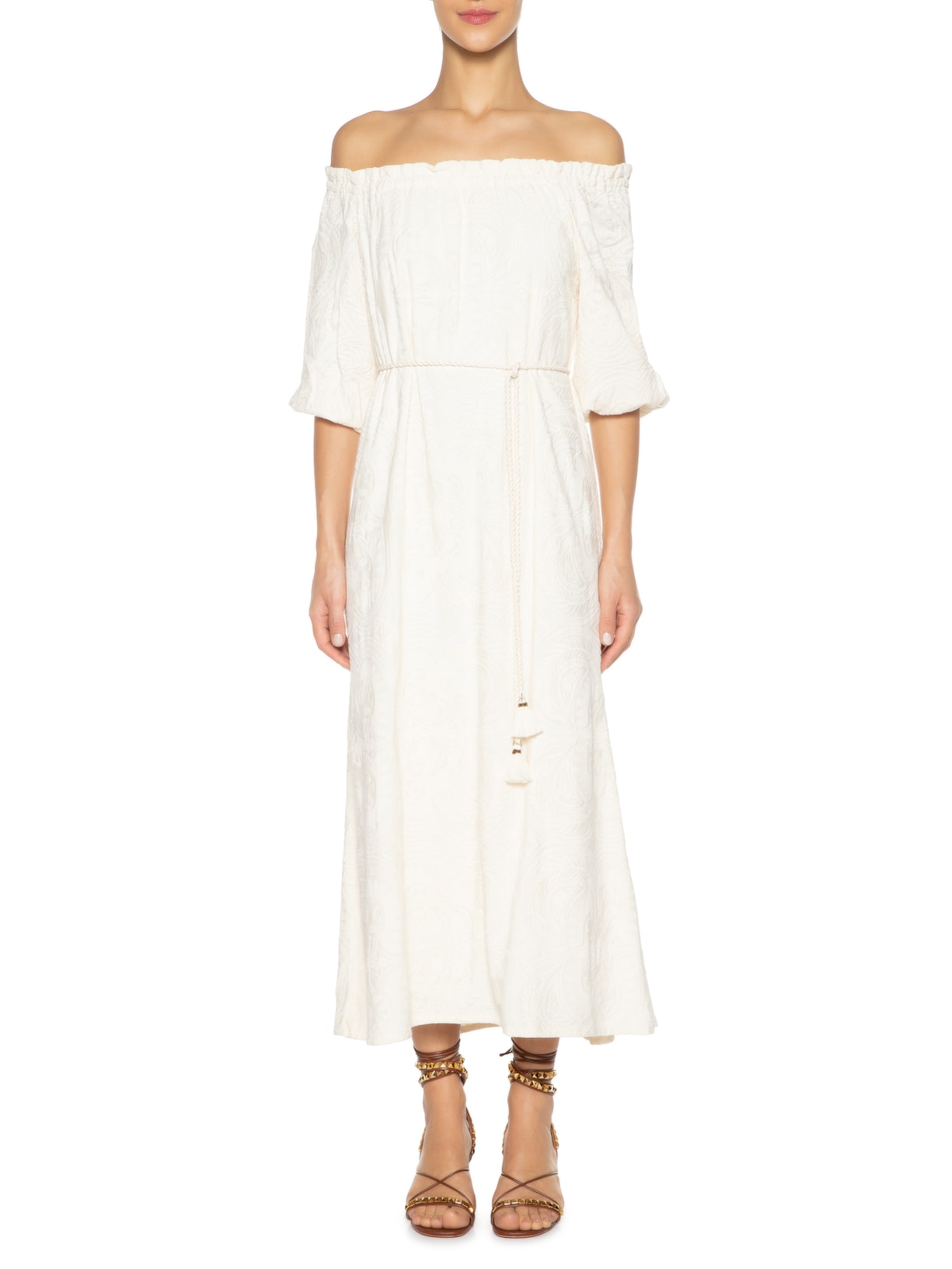 Vestido Midi Bordado Malta Bege Maria Filó