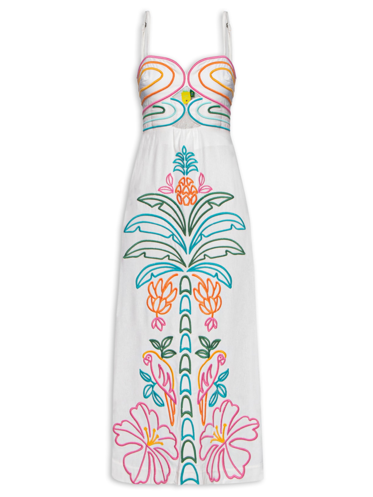 Vestido Midi Bordado Pé De Abacaxi - Branco