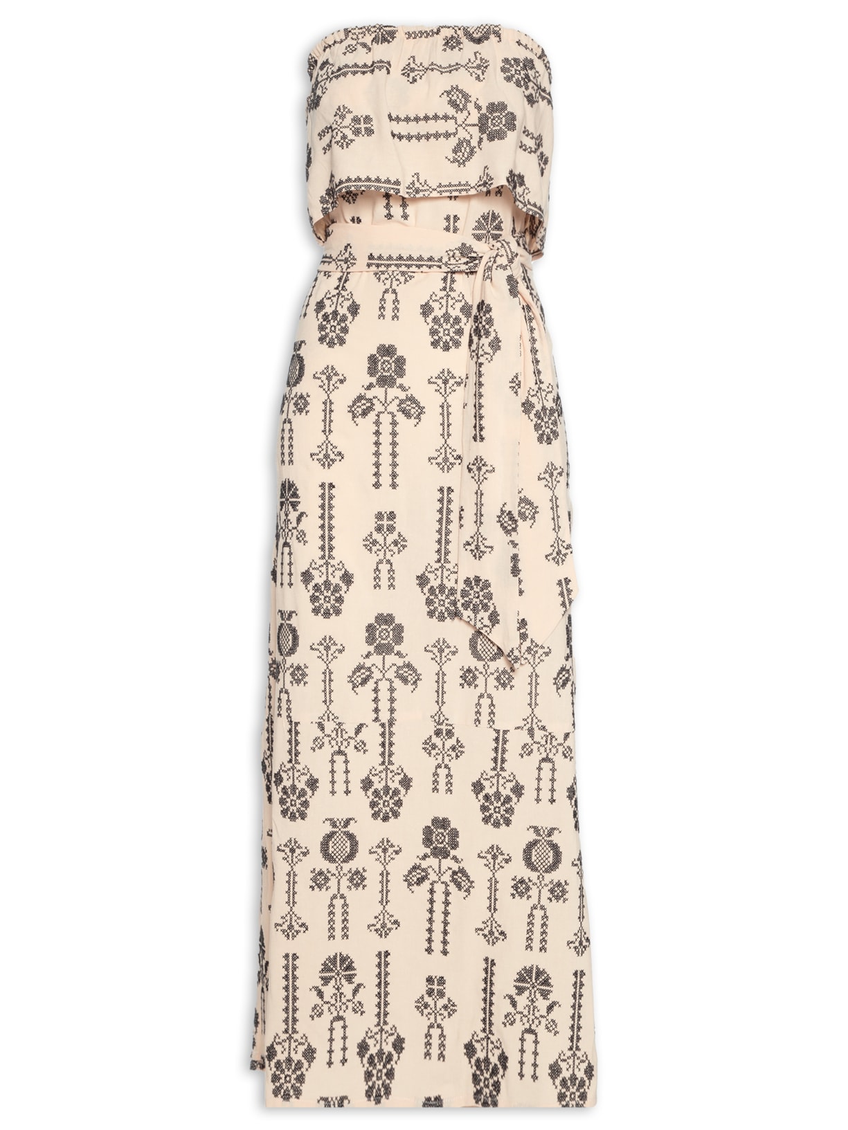 Vestido Midi Bordado Ponto Cruz - Bege