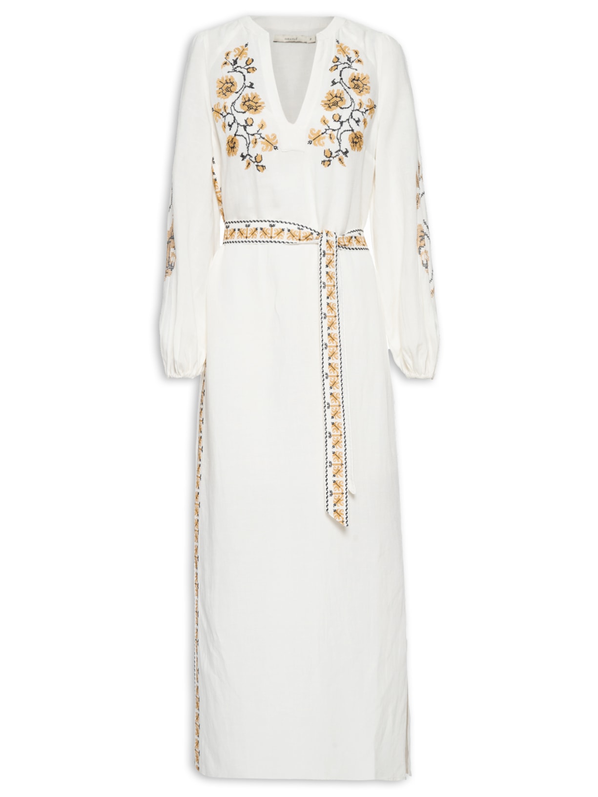 Vestido Midi Bordado Ponto Cruz Ouro - Off White