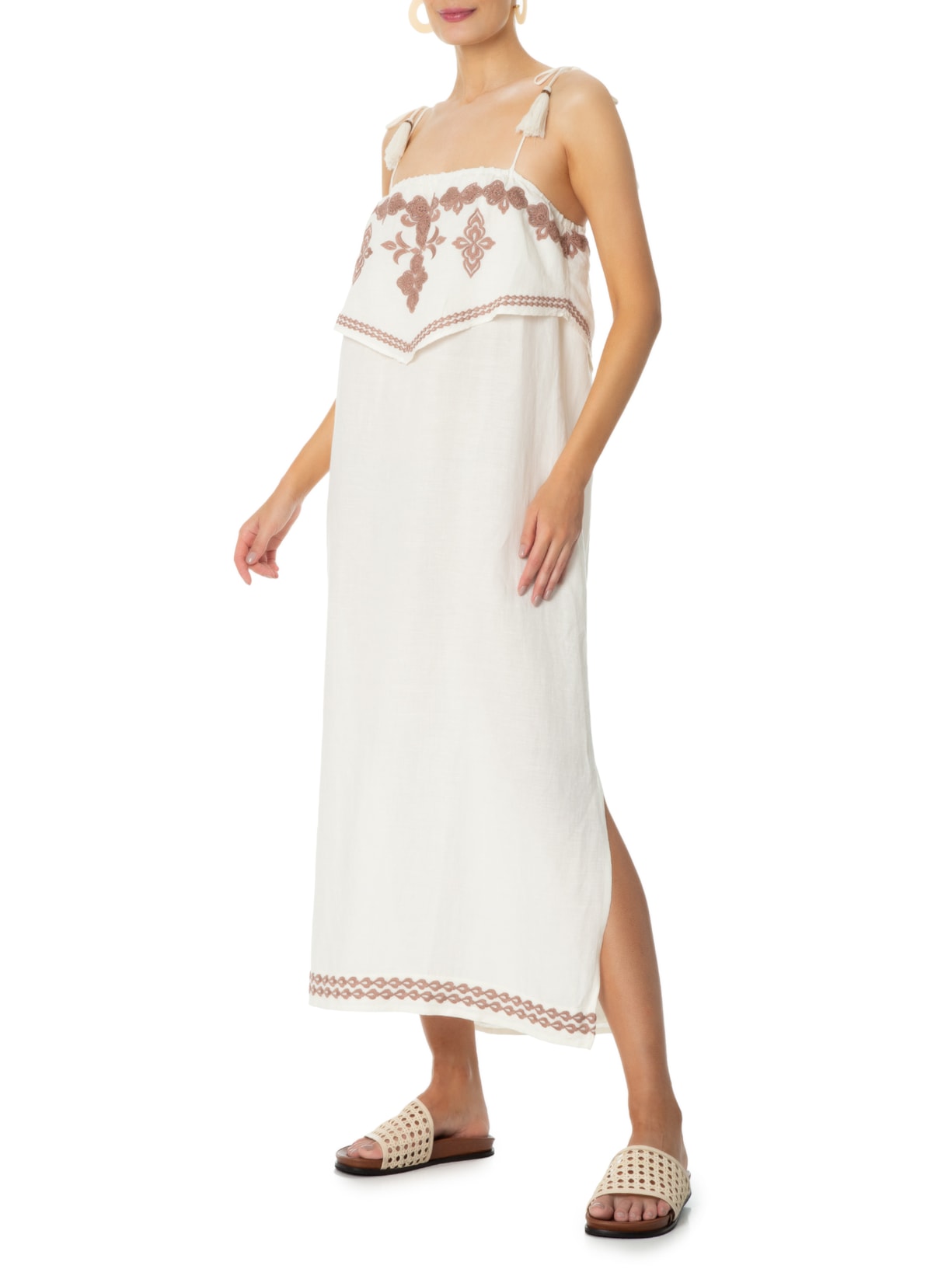 Vestido Midi Bordado Sobreposição Off White Maria Filó