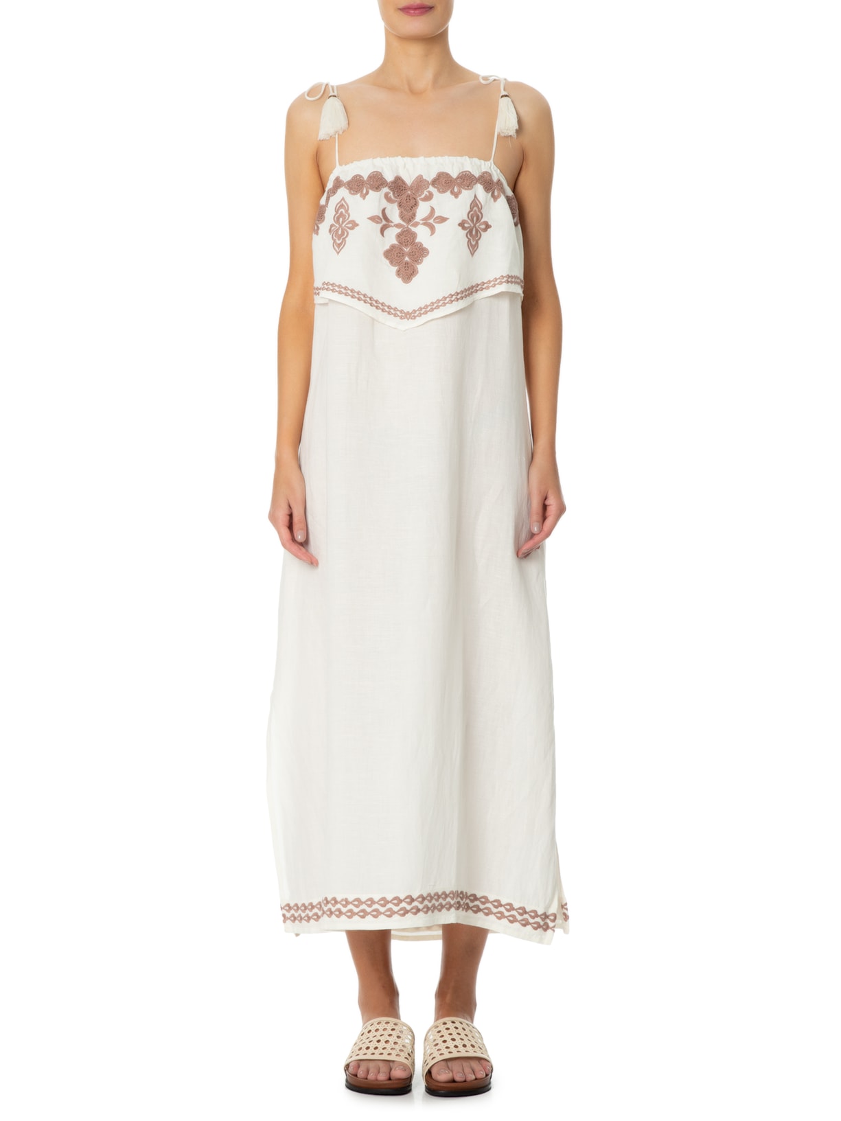 Vestido Midi Bordado Sobreposição Off White Maria Filó