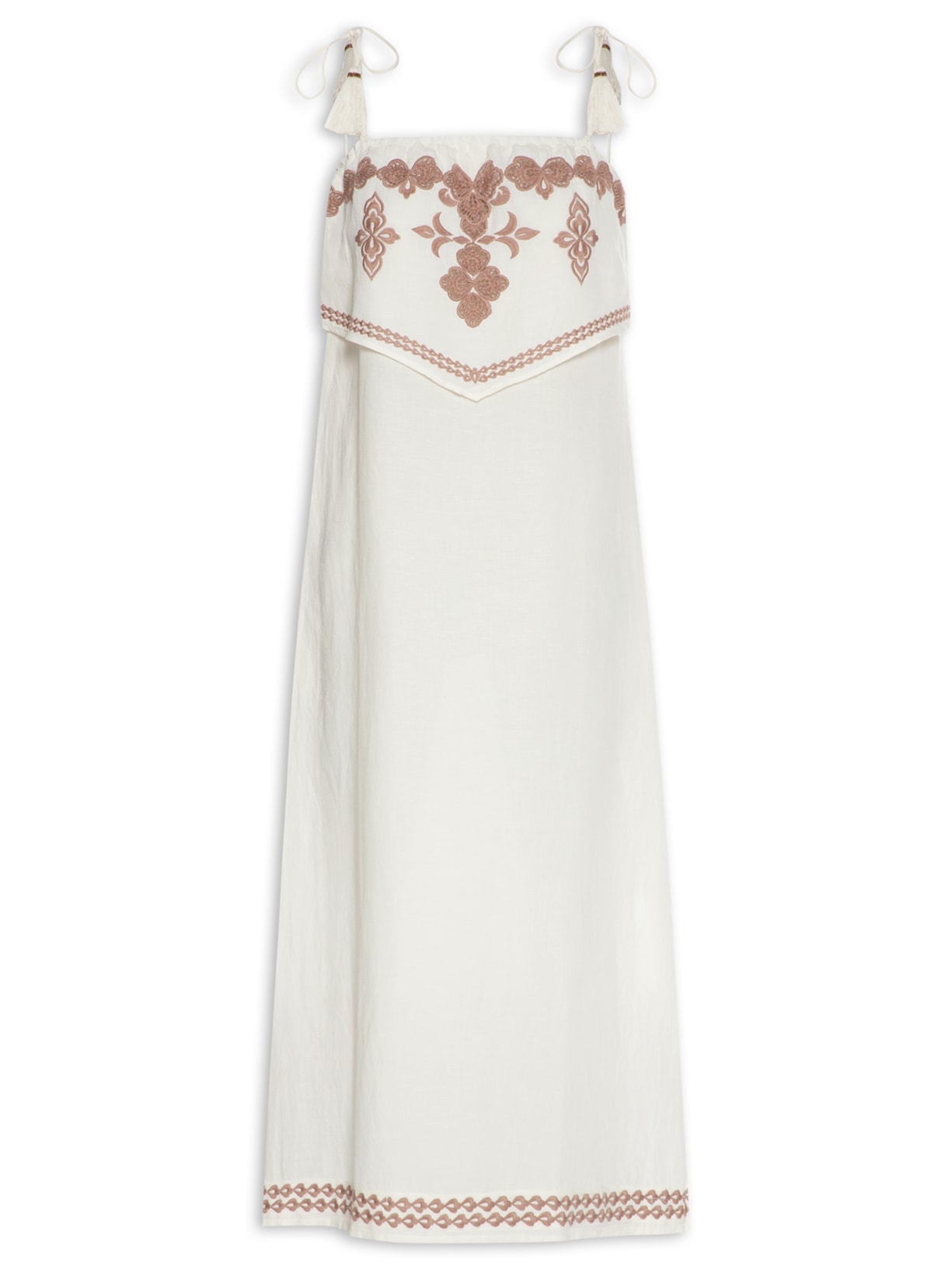 Vestido Midi Bordado Sobreposição Off White Maria Filó